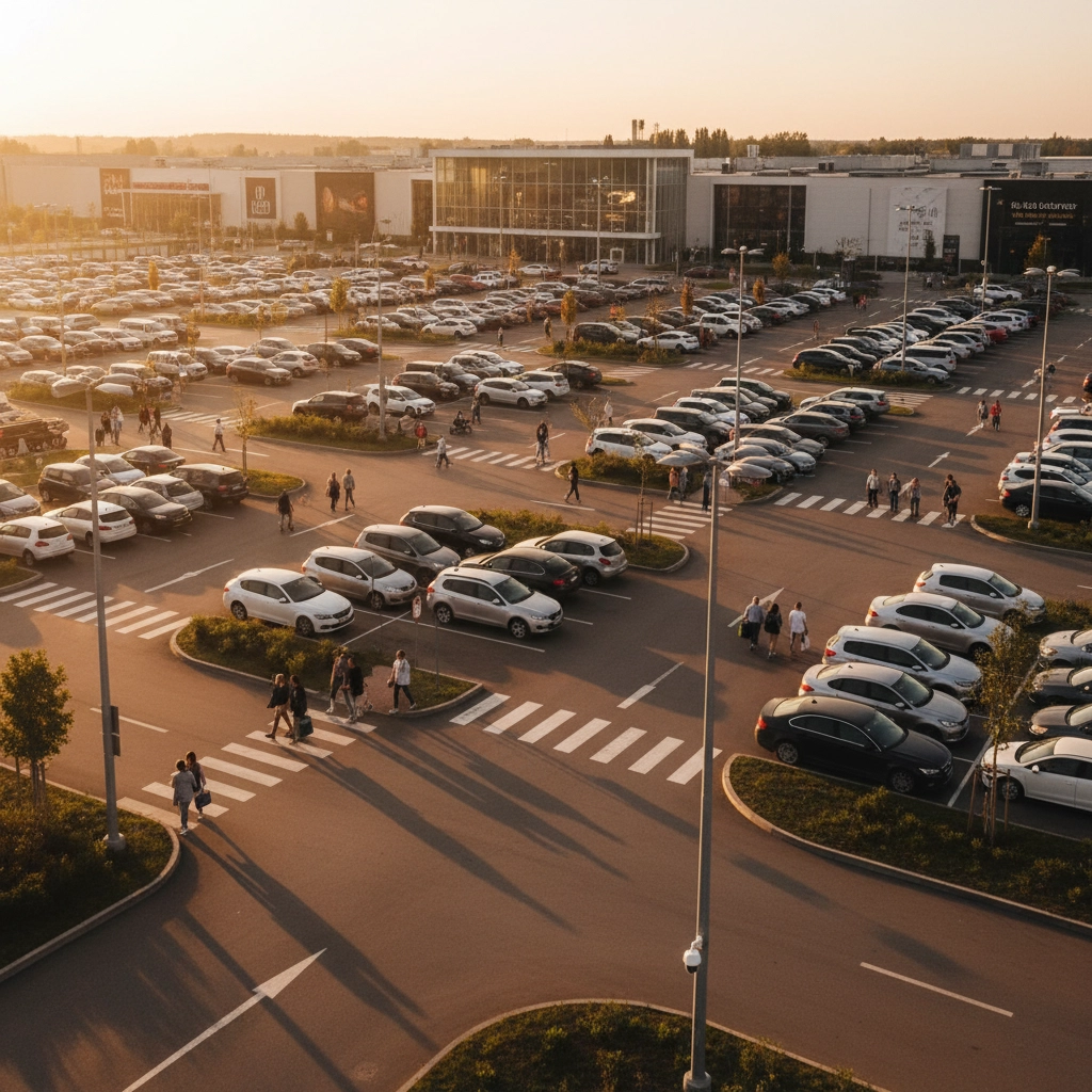 Picture showing an elevated view of a full parking lot at a mall. The Ultimate Guide to Safe & Fun Holiday Shopping