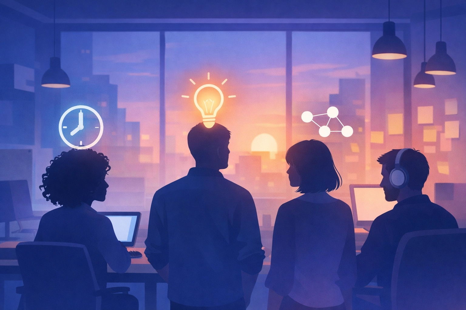 Diverse employees with workplace accommodations like flexible hours and assistive technology symbols