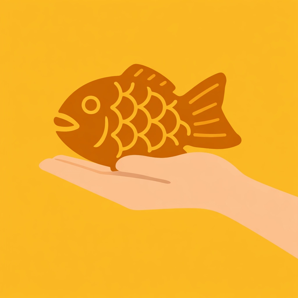 Stylized depiction of a golden-brown Taiyaki fish-shaped cake, a popular Tokyo street food.