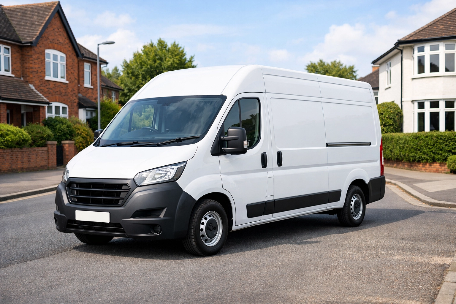 White commercial transit van parked on a UK street, highlighting shifts in commercial vehicle insurance premiums.