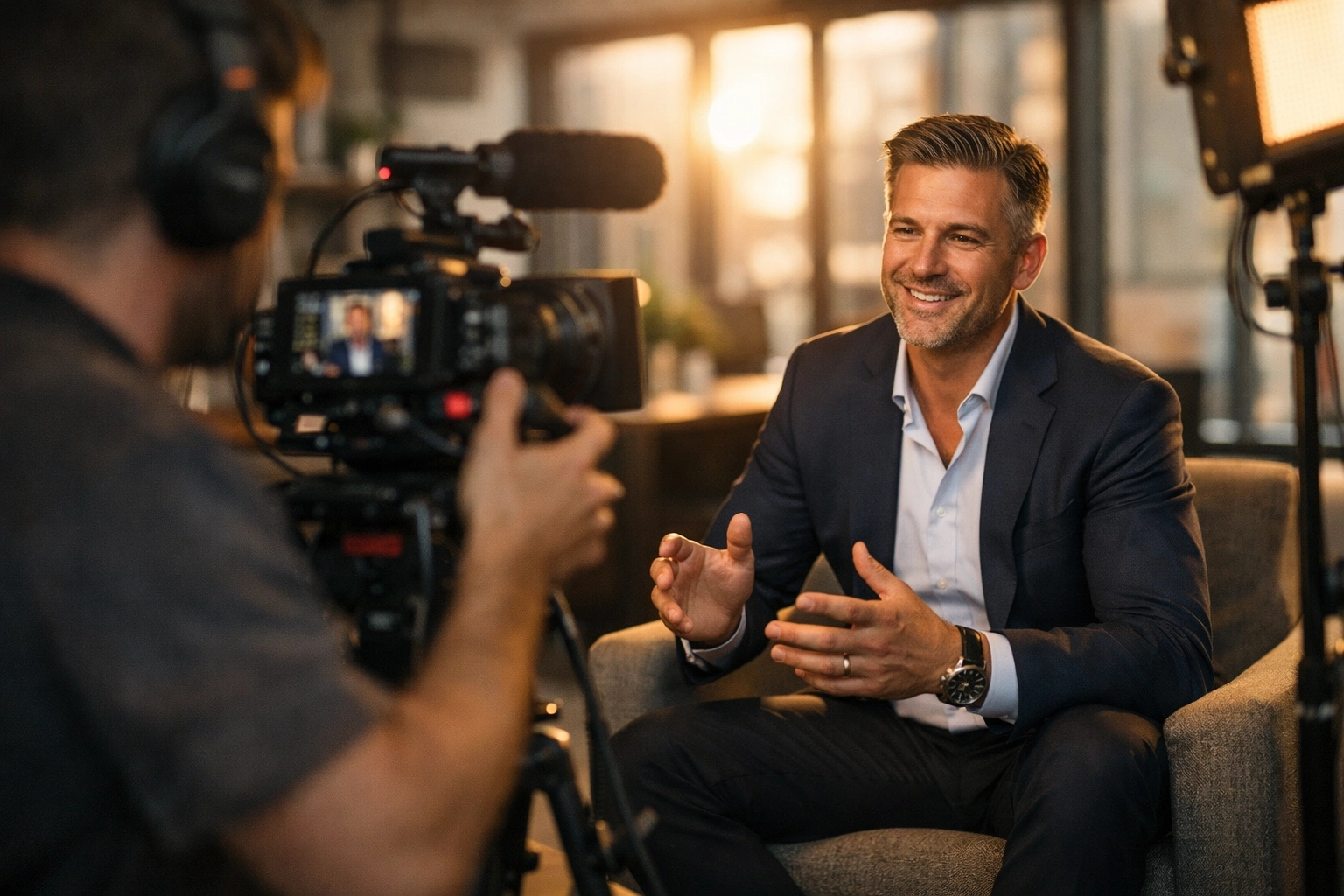 Professional video production team filming founder interview for brand storytelling