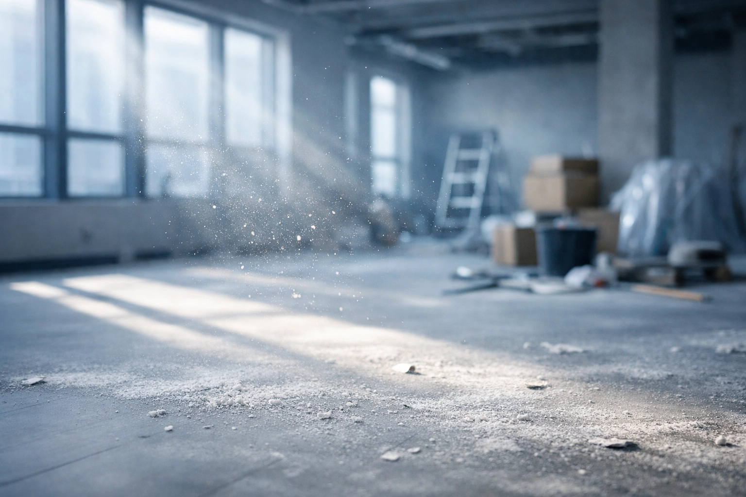 Construction site interior with dust particles and debris requiring post-construction cleaning