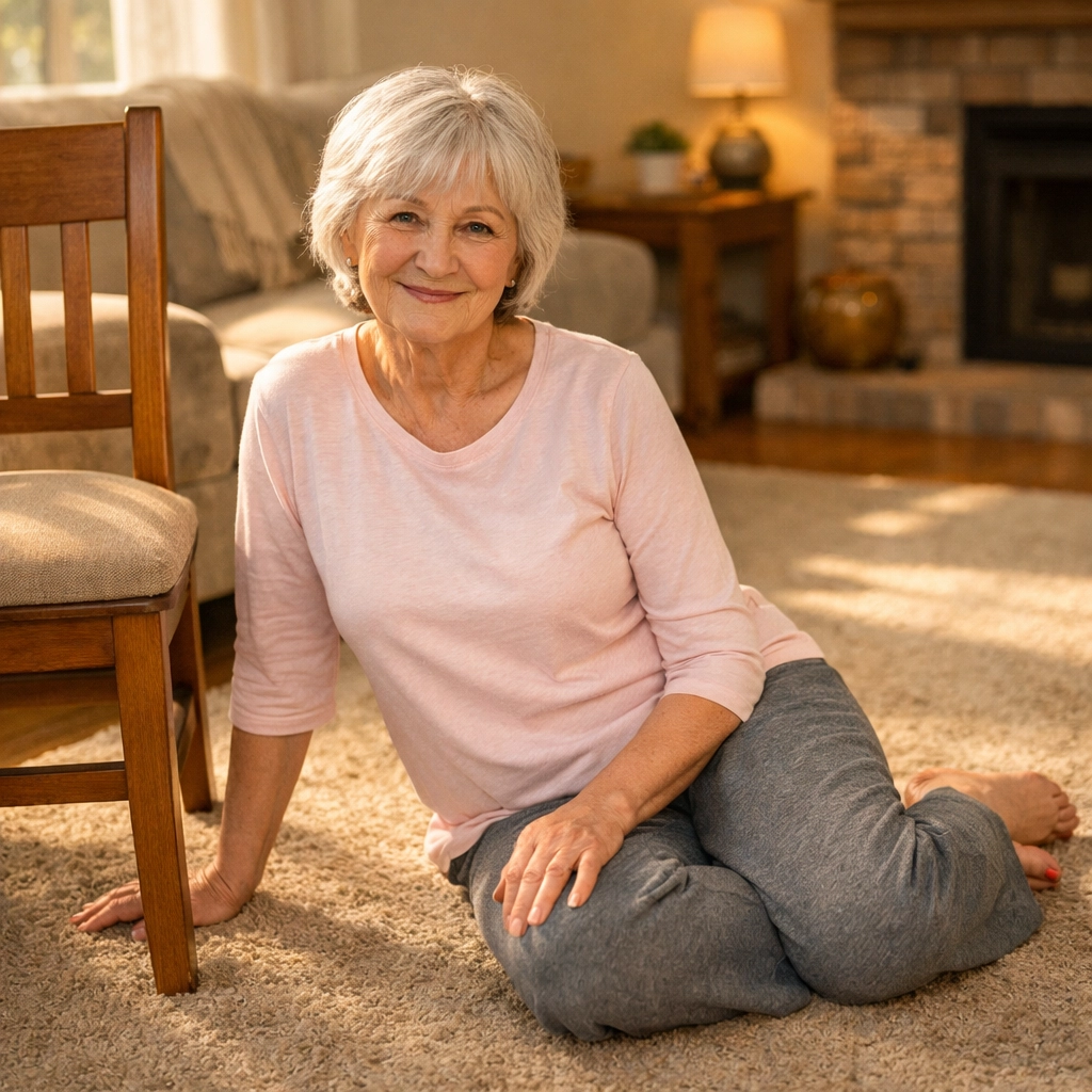 Senior woman demonstrating side-sitting position on floor next to chair during fall recovery