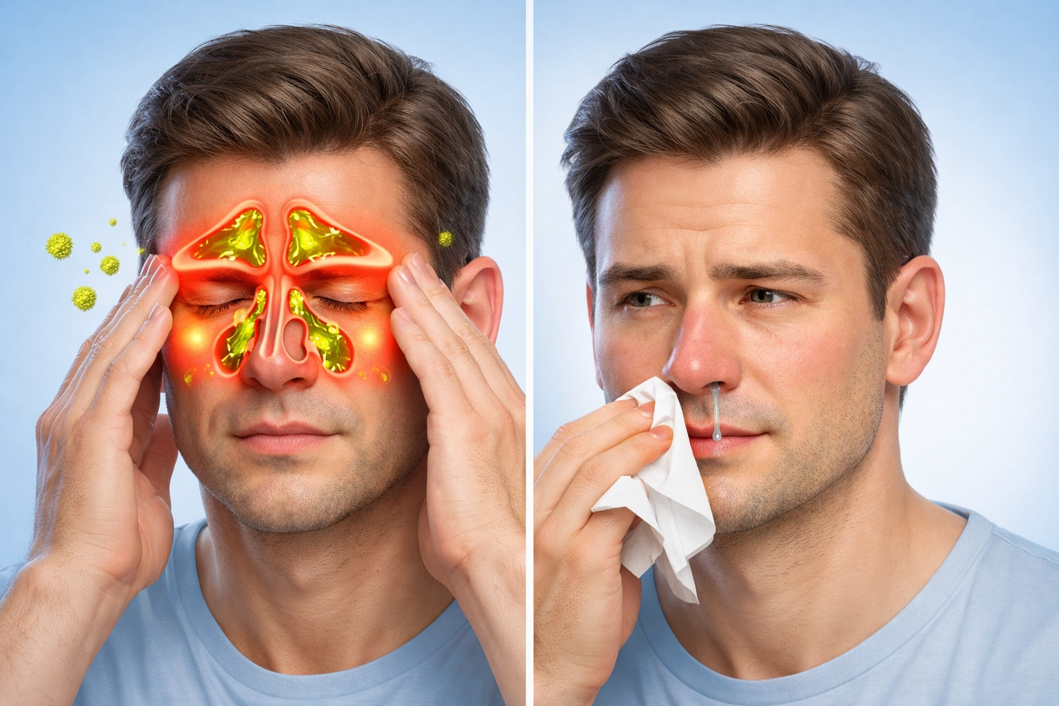 Side-by-side comparison of sinus infection symptoms vs common cold symptoms