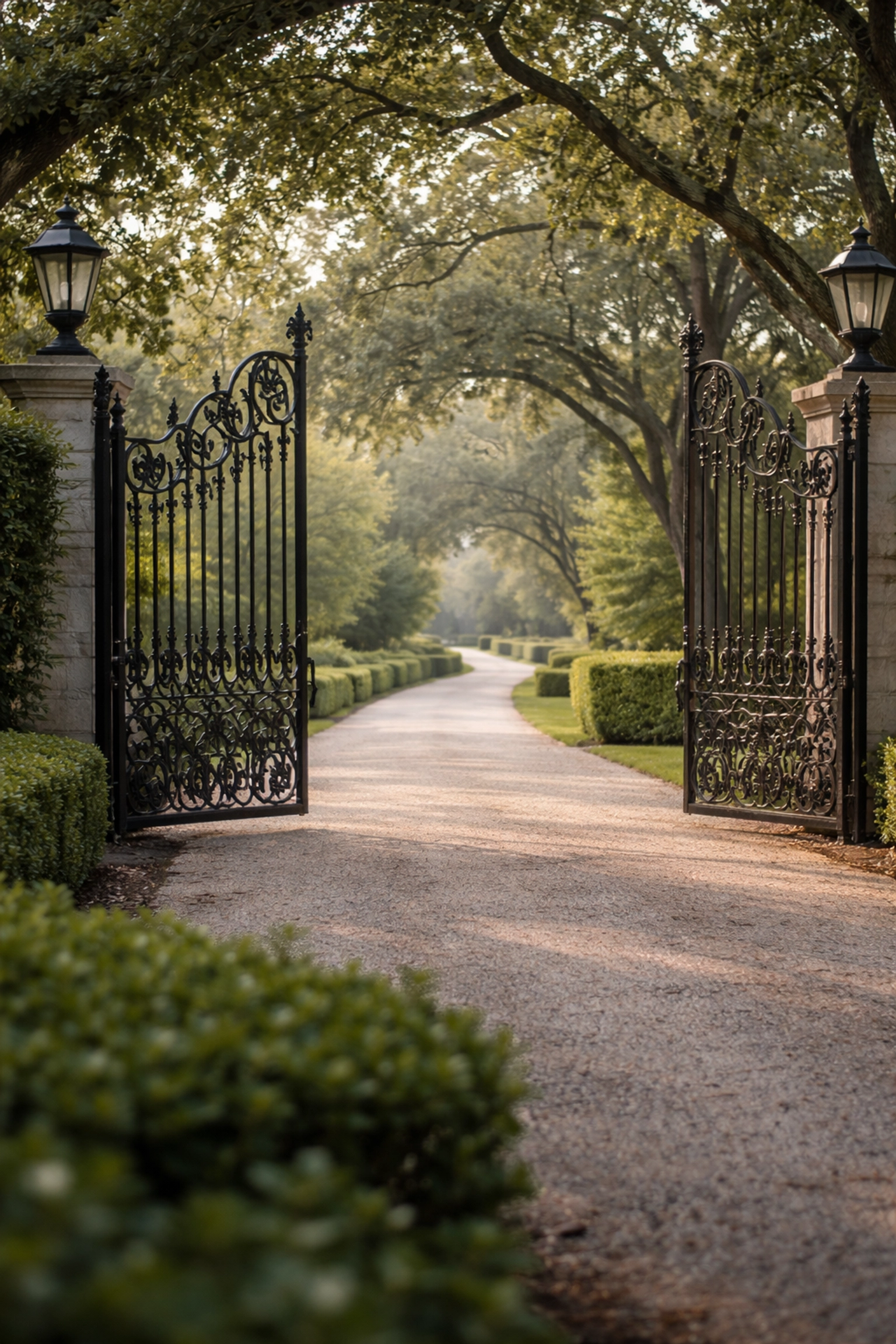 Elegant wrought-iron gates and tree-lined driveway at a luxury estate in the Home Counties, highlighting privacy features