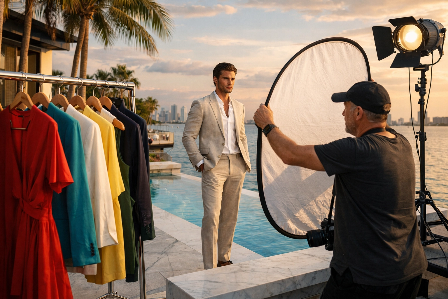 Behind-the-scenes of a professional brand photography Miami session at a luxury waterfront estate.