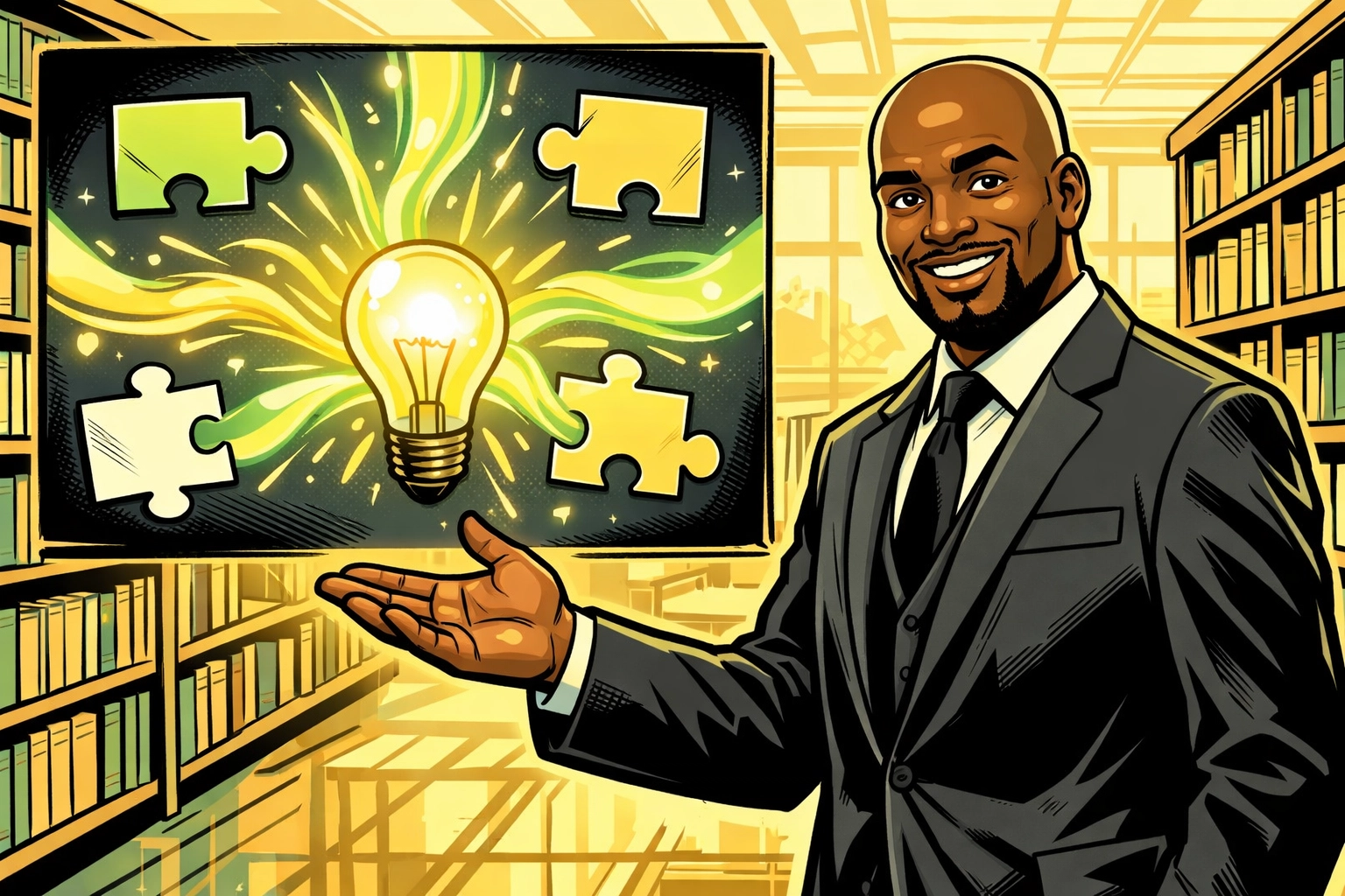 Professor Antonio of CRC illustrating the academic word synthesis using a merging puzzle diagram.