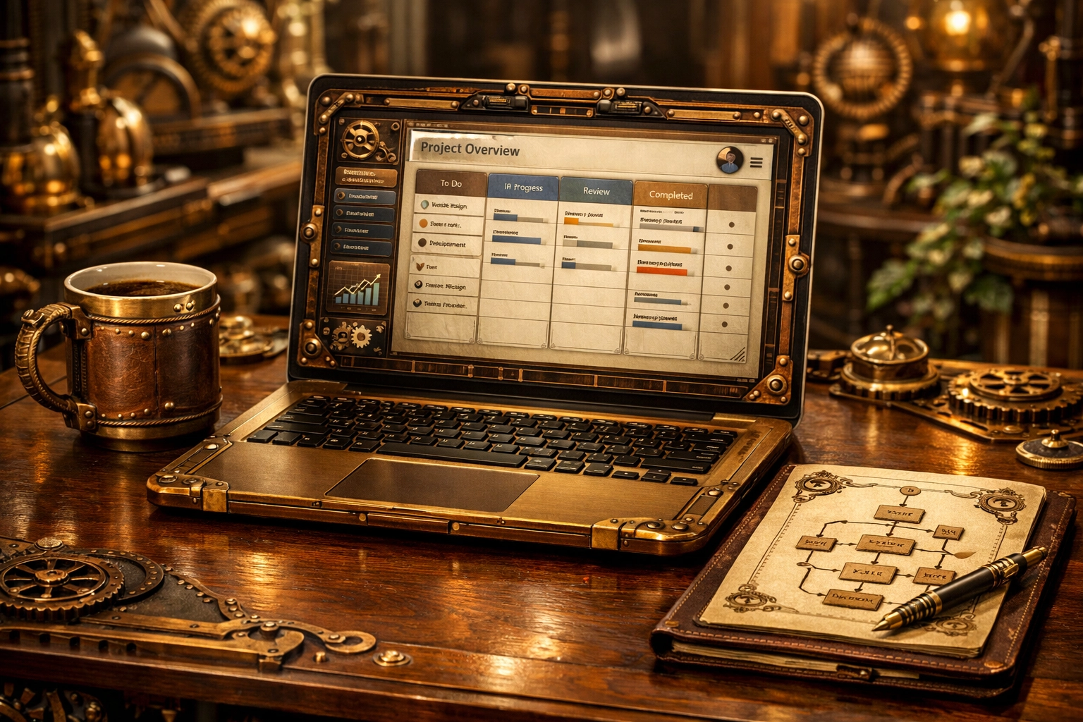 Organised office desk showing business process automation consulting concepts via a digital workflow dashboard.