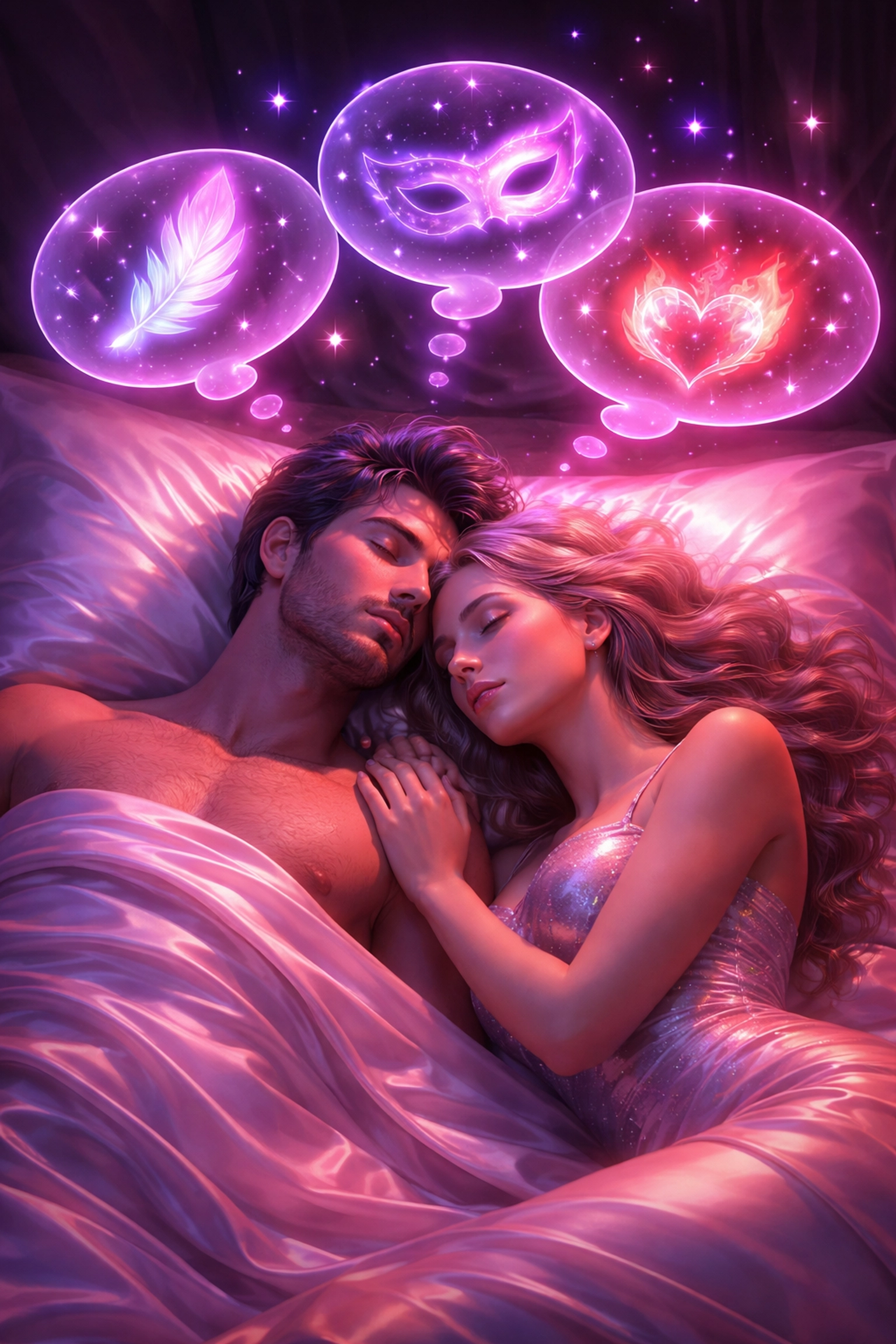 Couple lies together dreaming, with fantasy symbols above them, highlighting open discussion of desires.