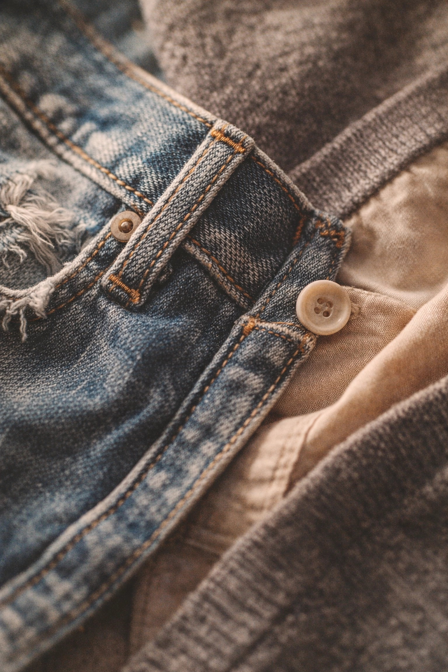 Close-up of premium garment stitching and construction, 35mm film aesthetic