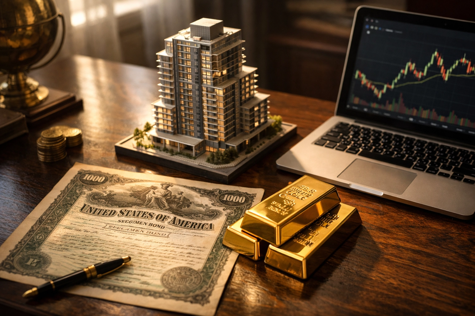 Diverse investment assets including real estate, gold, and bonds representing fixed income allocation strategies