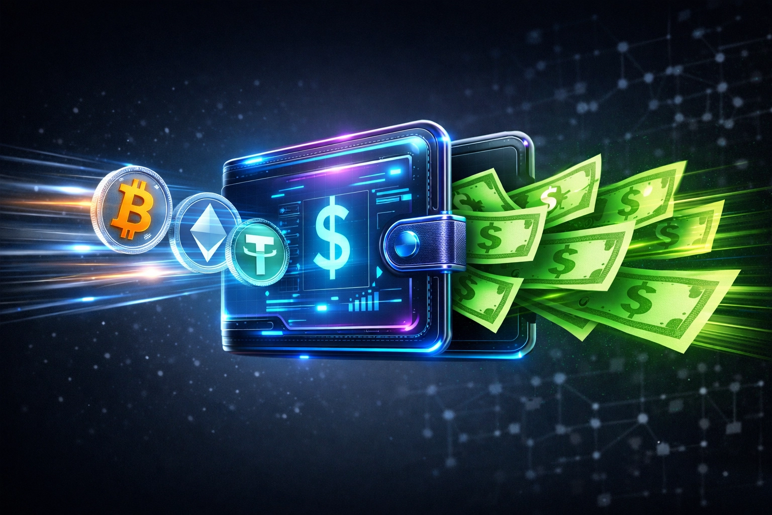 Instant crypto to fiat conversion with self-custody wallet converting Bitcoin, Ethereum to dollars