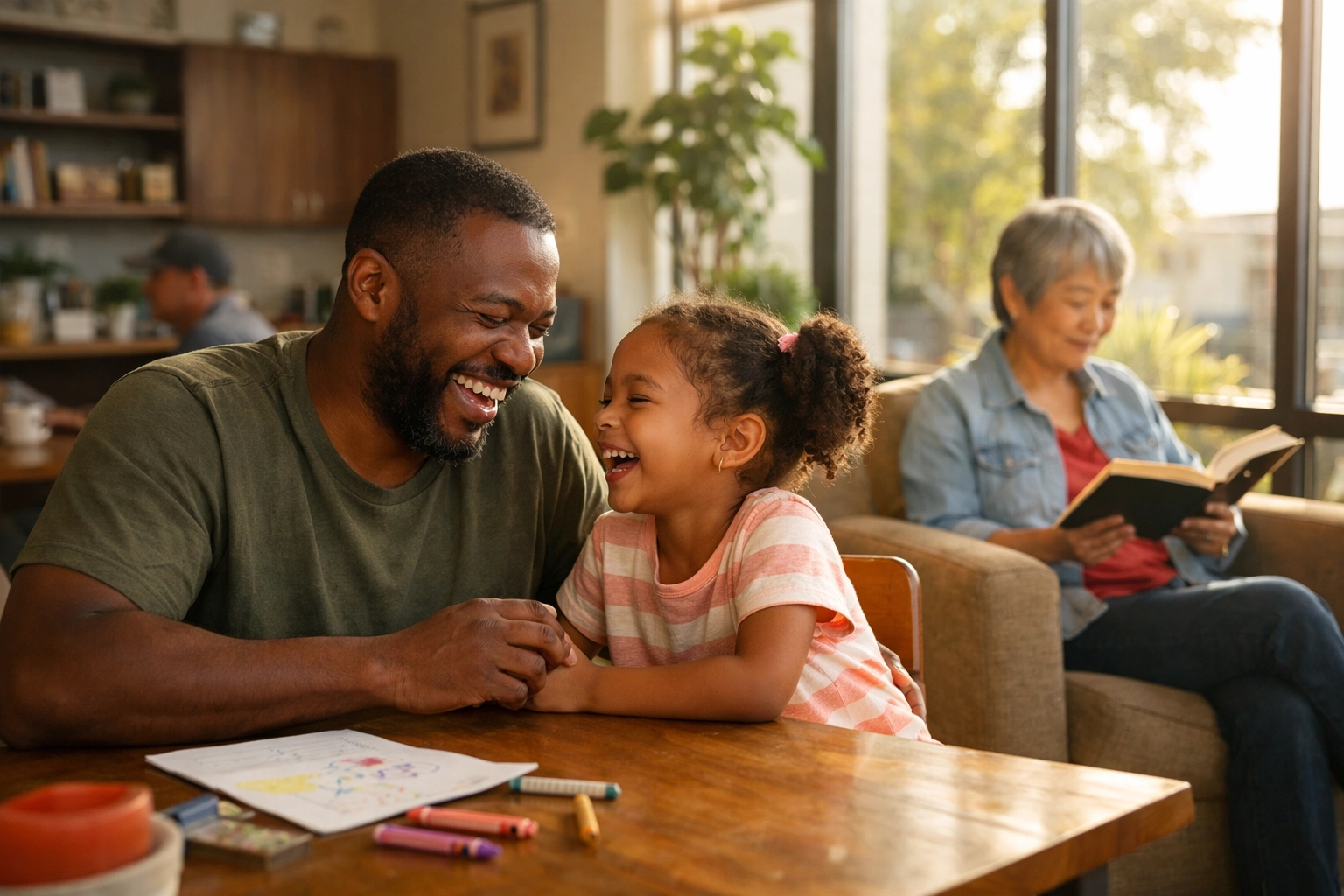 Diverse residents enjoying a sun-drenched community room in a West Oakland supportive housing project.