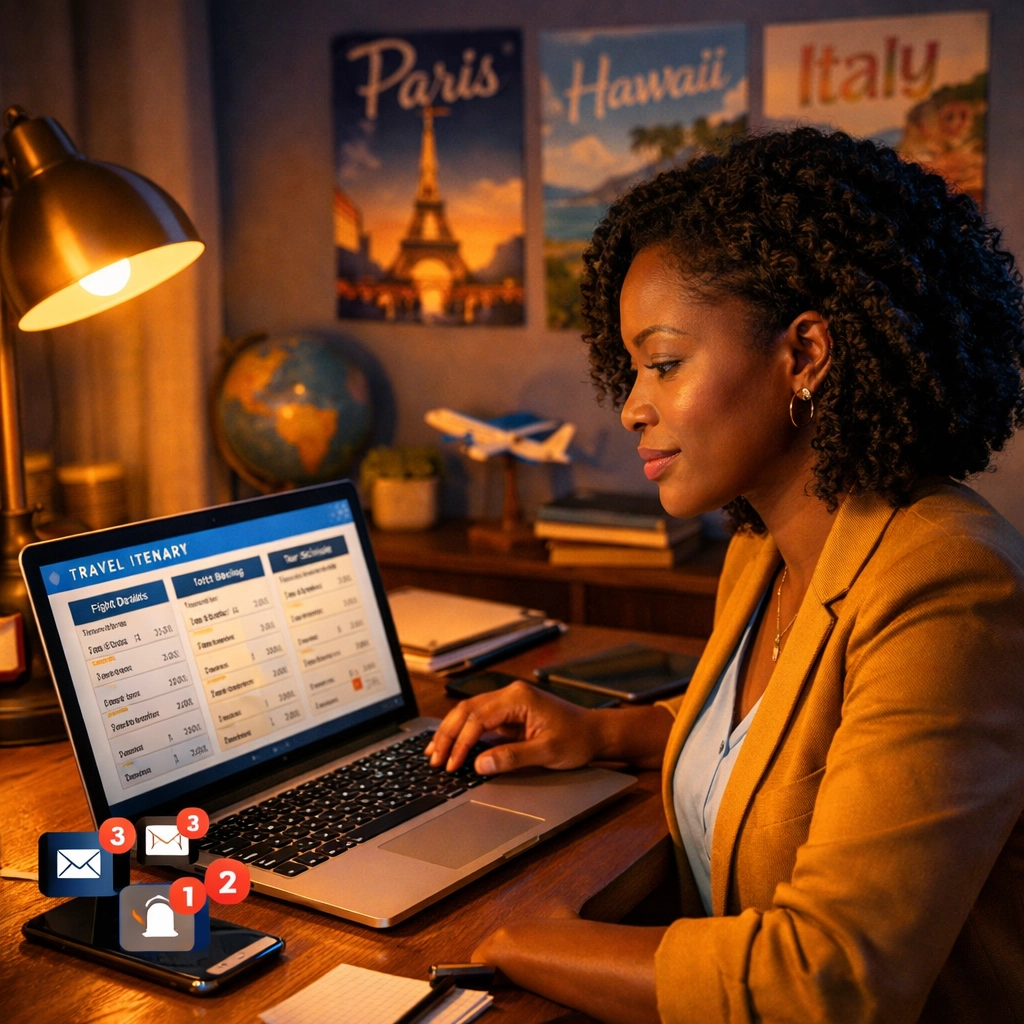 Travel agent reviewing itineraries and planning bookings at home office desk in evening