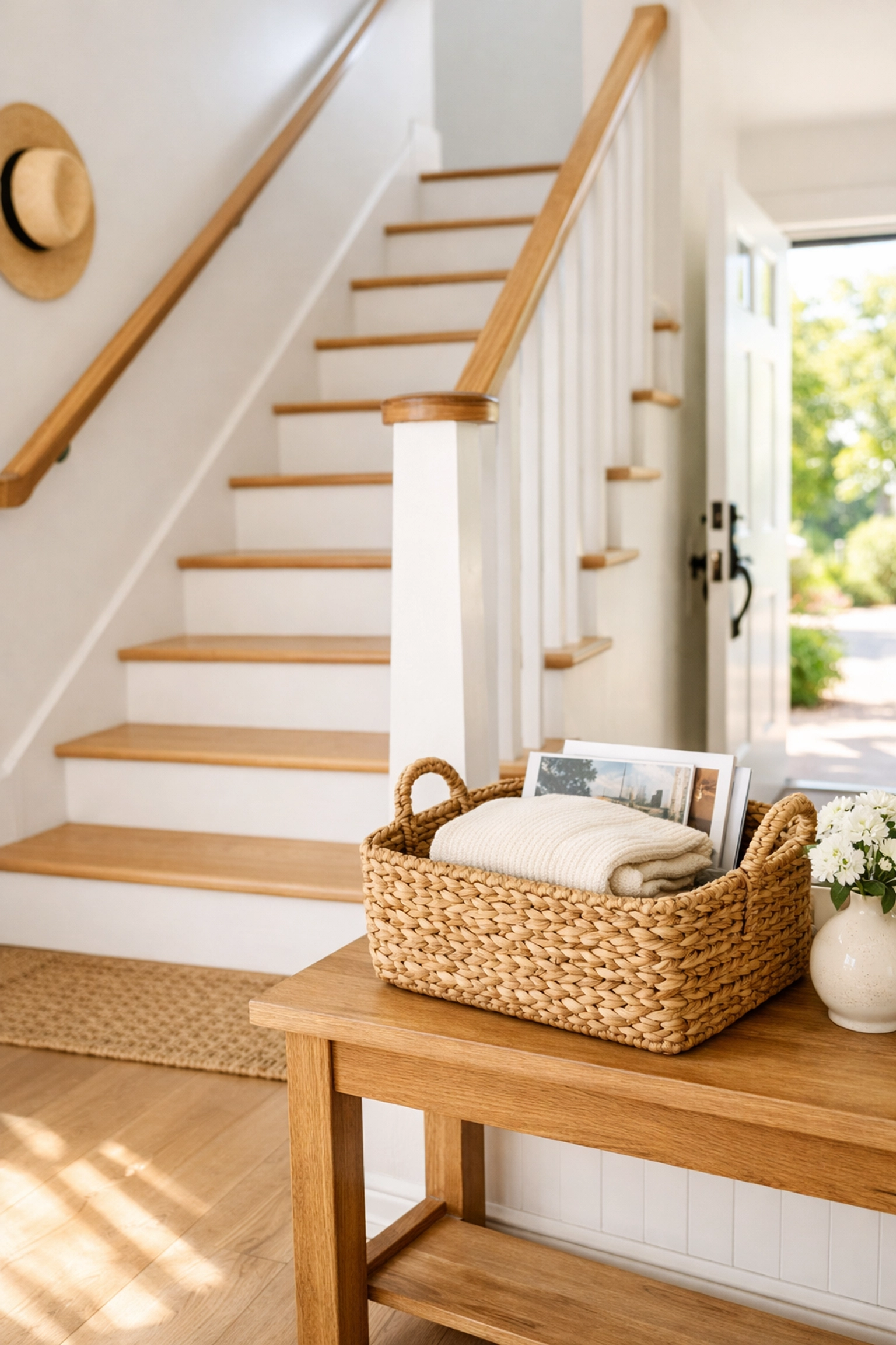 A clutter-free staircase with a dedicated landing basket on a nearby table to prevent tripping hazards.
