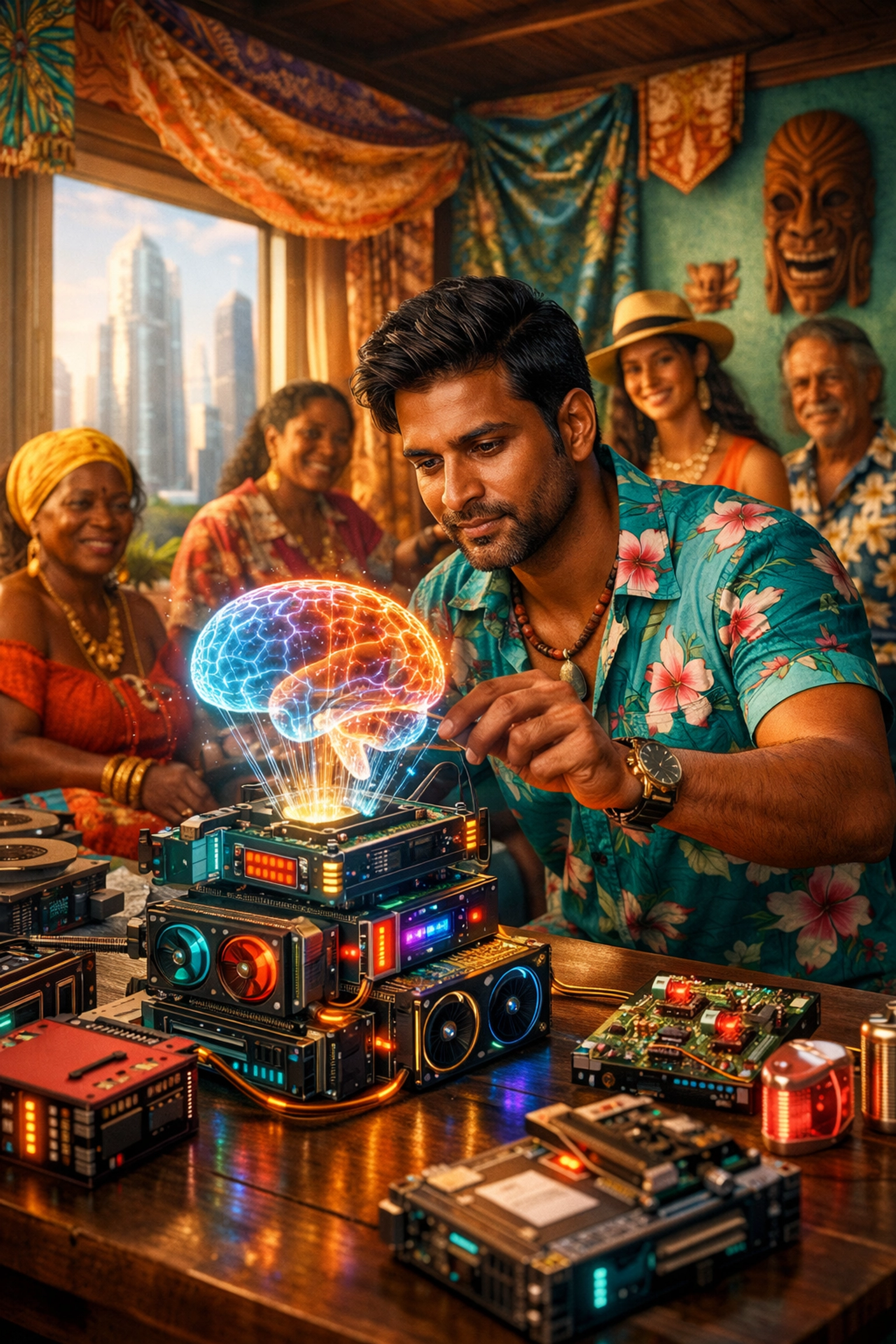 South Asian developer using local hardware for LLM integration and machine learning in a vibrant workspace.