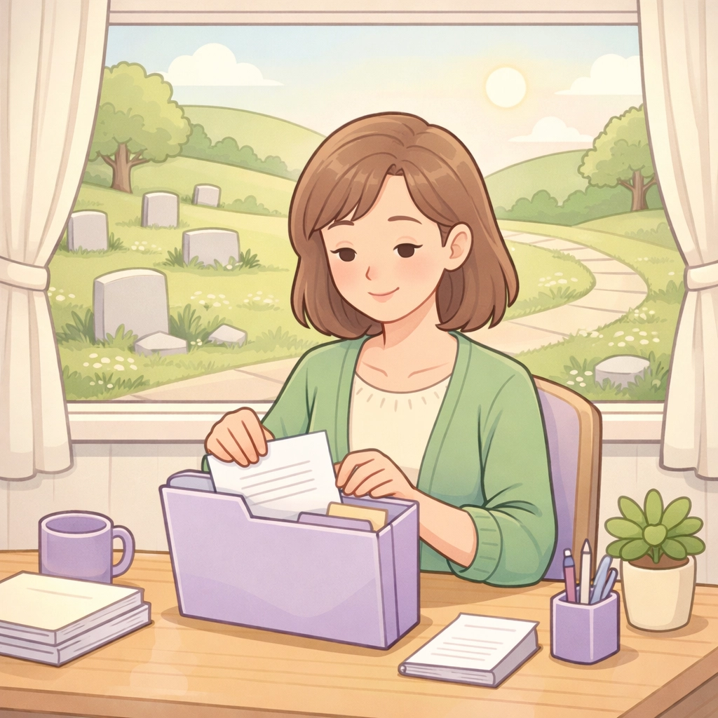 Illustration of a woman filing a cemetery deed to ensure clear ownership and peaceful memorial planning.