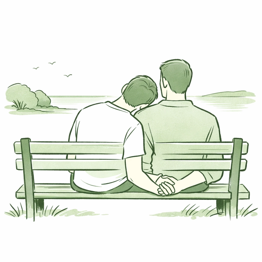 MM couple on a bench sharing a moment of emotional intimacy and inclusive support in their chosen family.
