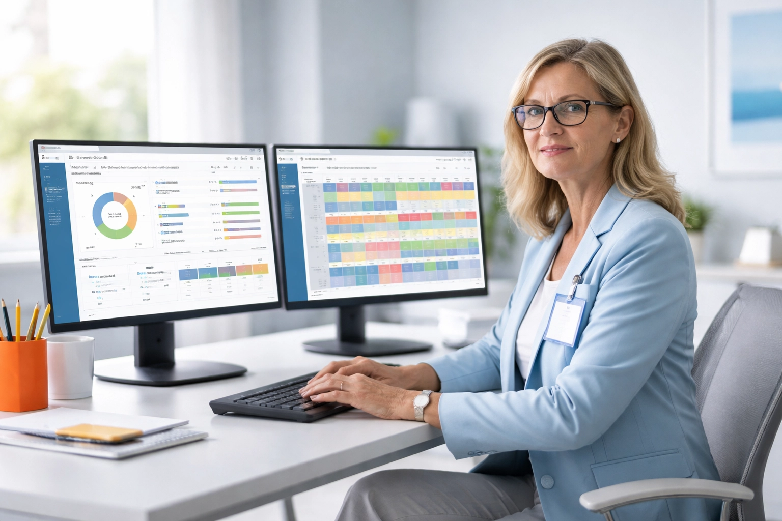 Healthcare administrator at modern desk reviewing staffing dashboards, demonstrating technology-driven workforce flexibility solutions.