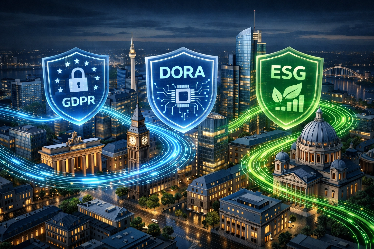European compliance framework showing DORA, GDPR, and ESG regulatory requirements