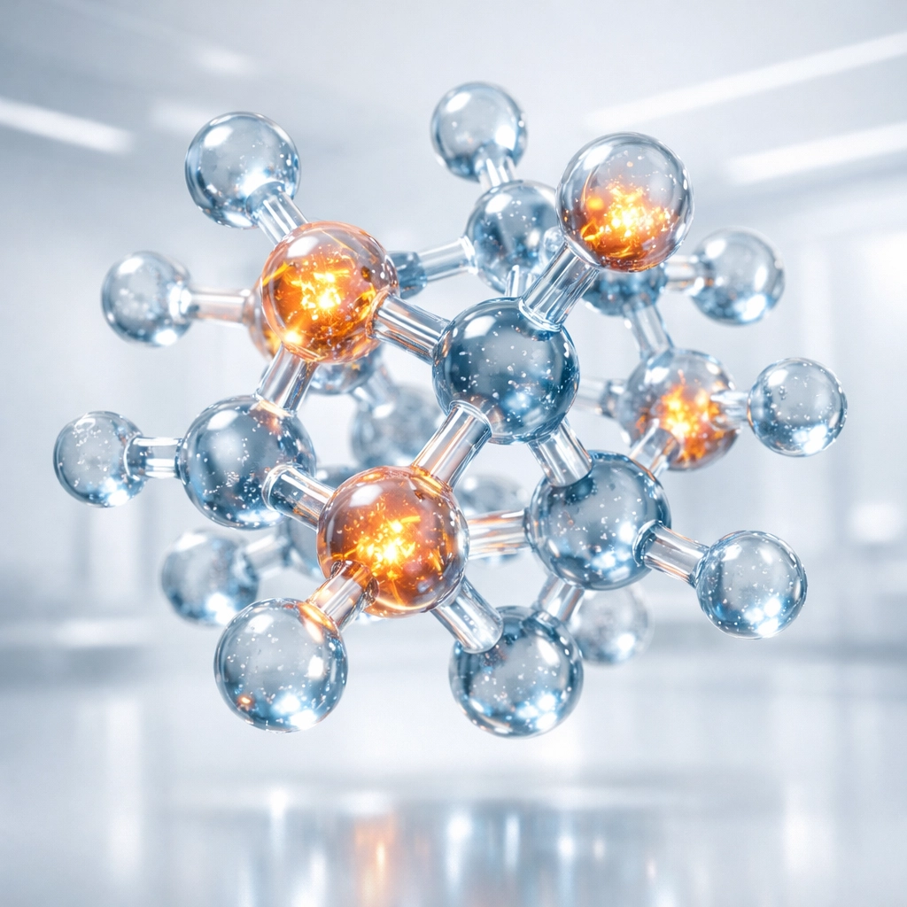 A glowing molecular structure representing the advanced triple hormone agonist design of Retatrutide.