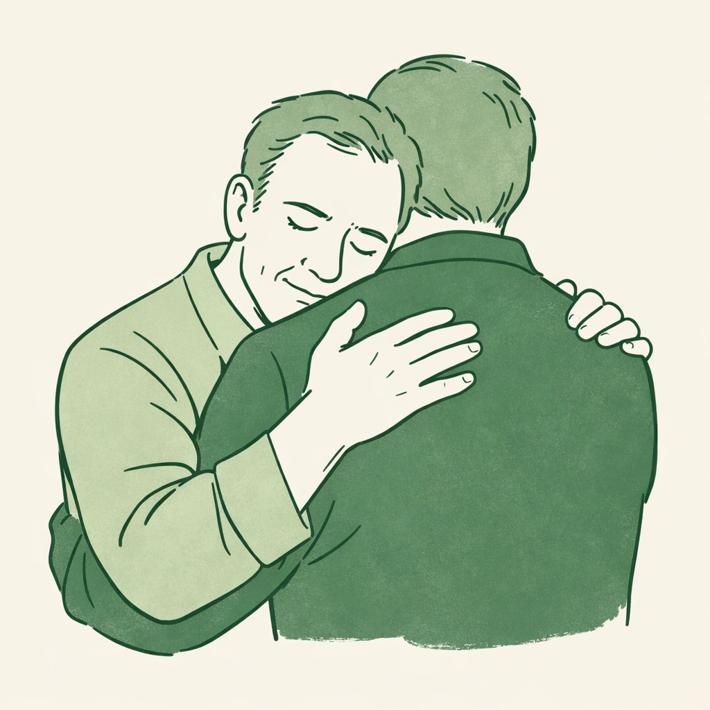 Emotional embrace between two middle-aged men, representing resilience and authenticity in gay fiction.