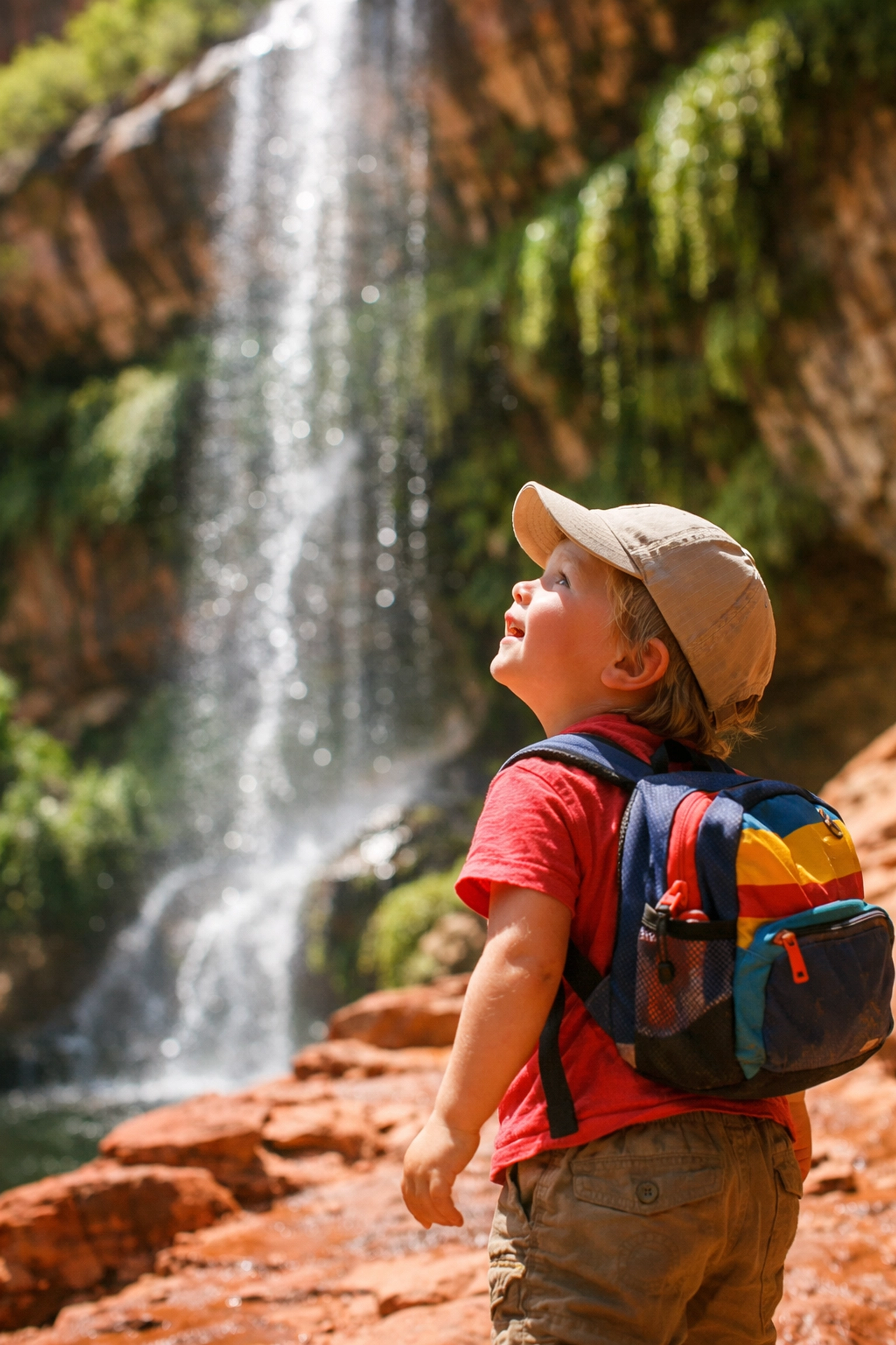 A young child hiking near a waterfall in Zion National Park, an ideal kid-friendly travel activity.