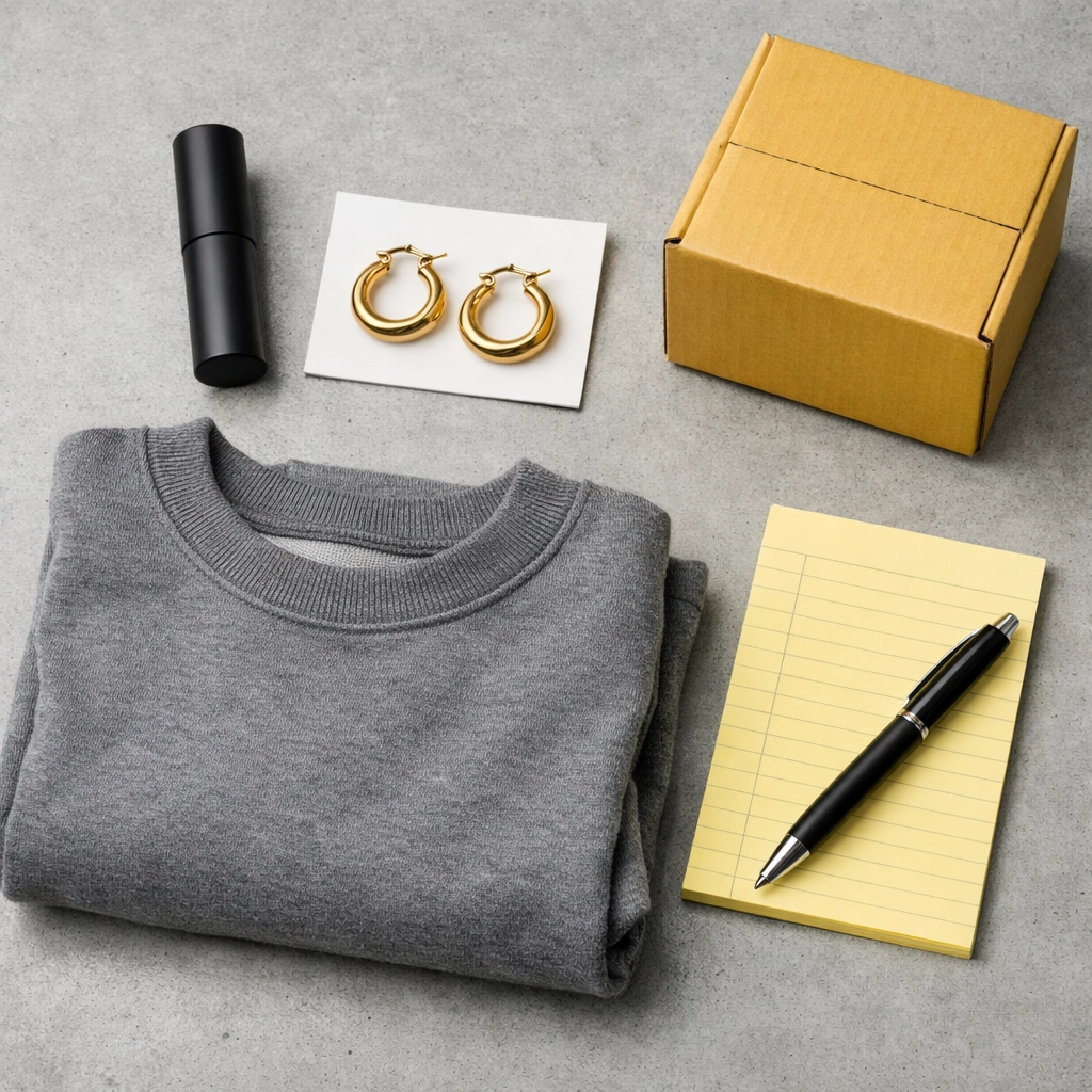 Wholesale inventory quality check of jewelry, apparel, and beauty products on an industrial workbench for B2B buyers.