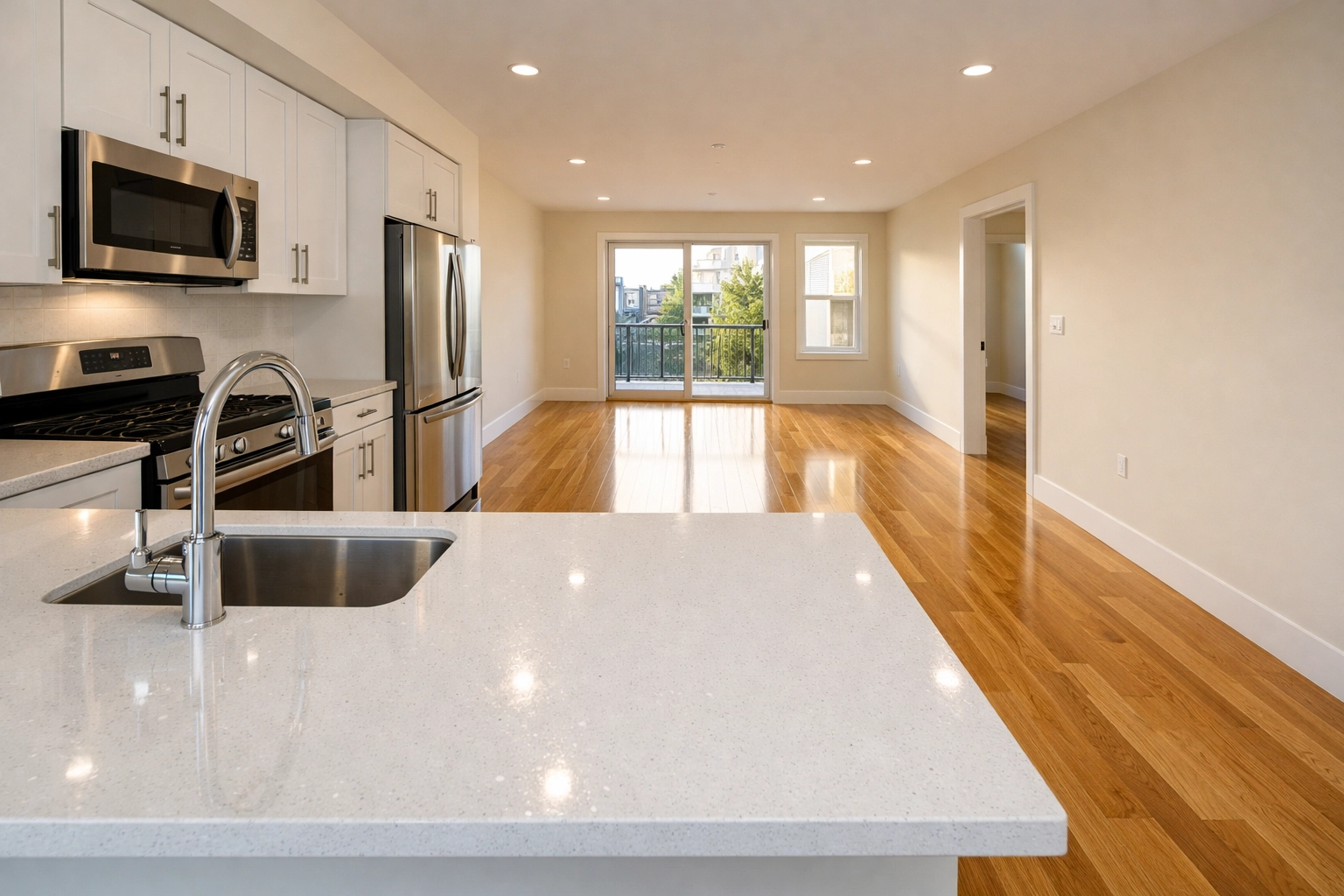 Spotless luxury apartment kitchen and hardwood floors after a professional move-out deep cleaning service.