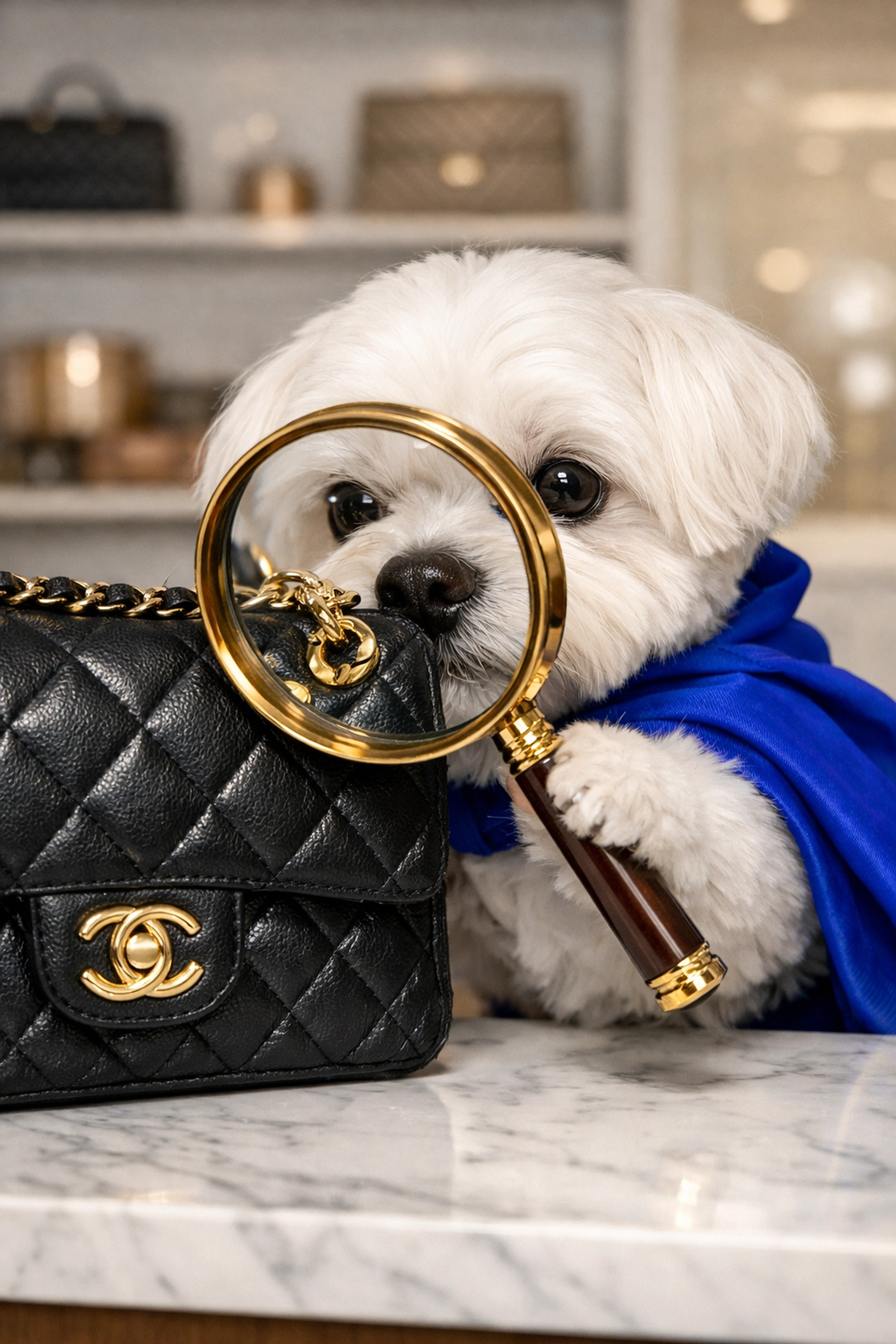 Daisy the Maltese expert inspecting a luxury black handbag to verify authenticity for resale.