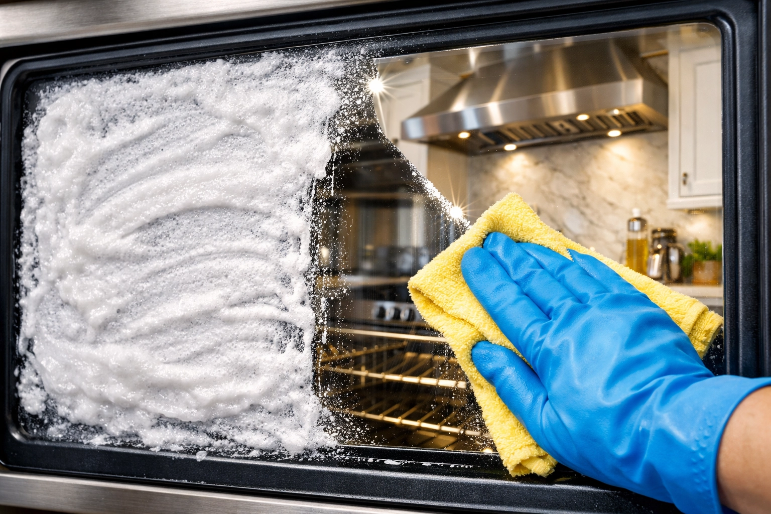 Scrubbing a toaster oven glass door with baking soda paste to remove stubborn grease and food stains.