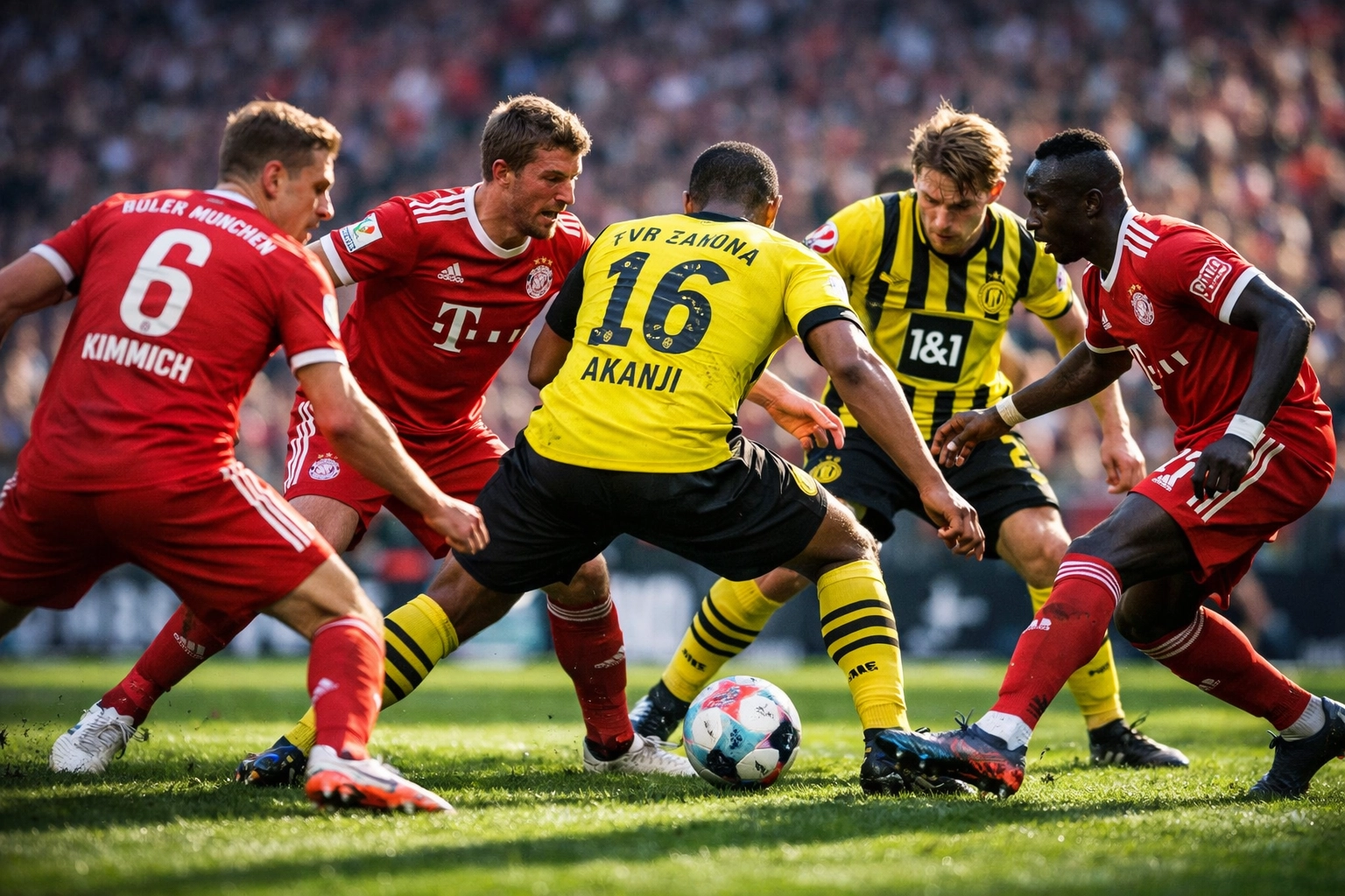 Bayern München Pressing gegen Dortmund im Bundesliga-Spiel mit intensiven Zweikämpfen