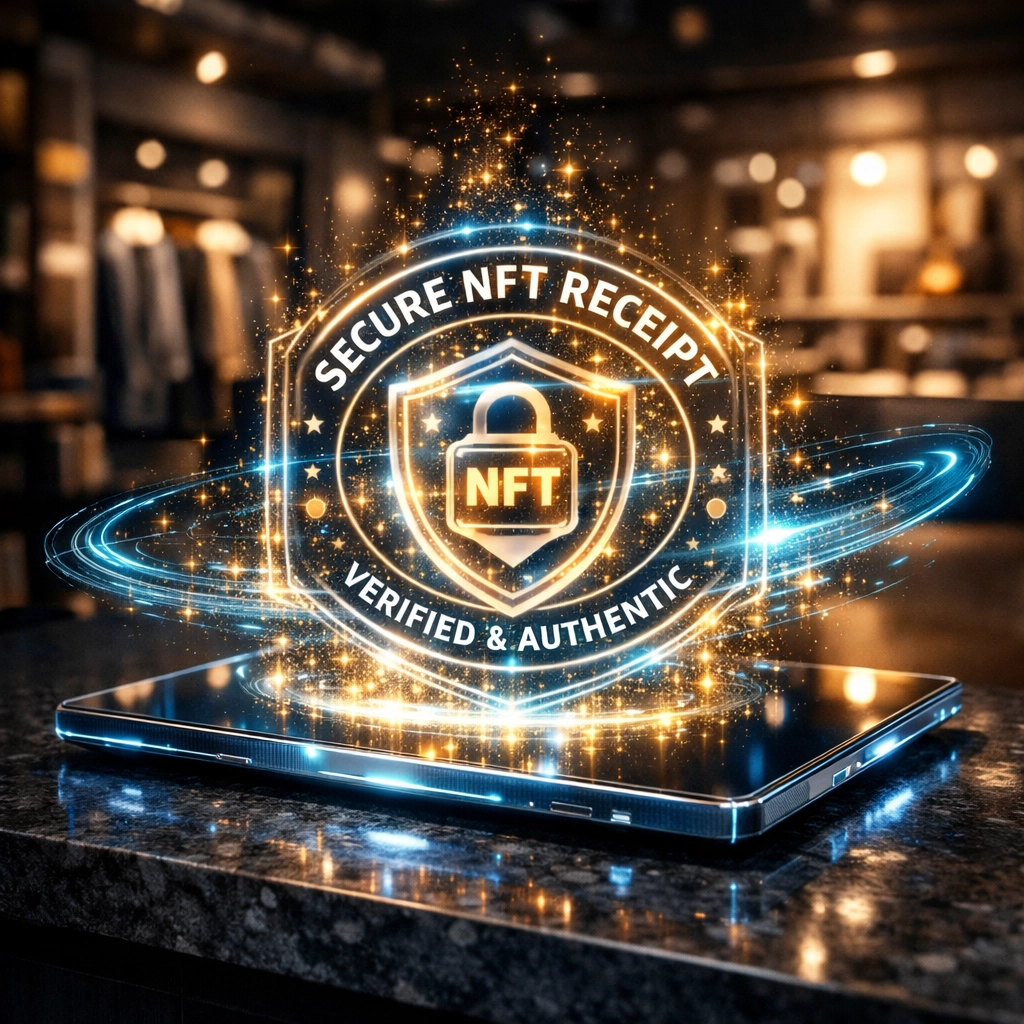 Futuristic digital tablet showing a holographic NFT receipt for accounting in a Web3 retail environment.