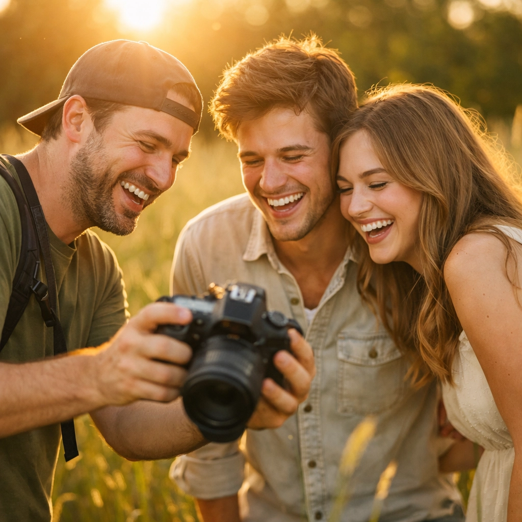 A professional photographer shooting authentic portraits at a sunny outdoor photo spot near a meadow.