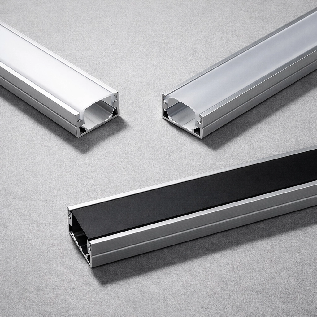 Three premium aluminum led channel options with opal, frosted, and black diffuser lenses for custom cabinetry.