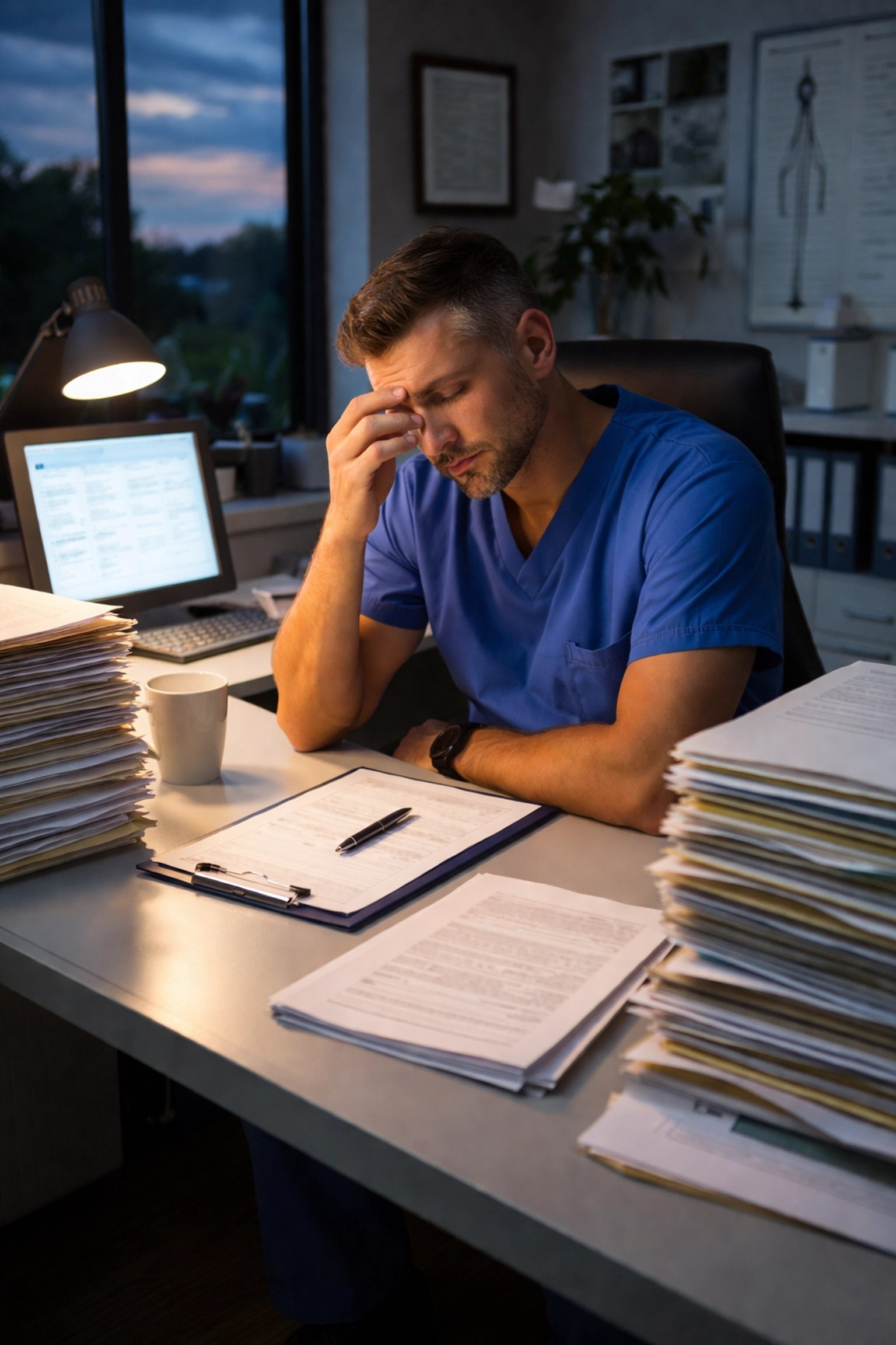 Exhausted chiropractor working late surrounded by patient files and clinical documentation paperwork