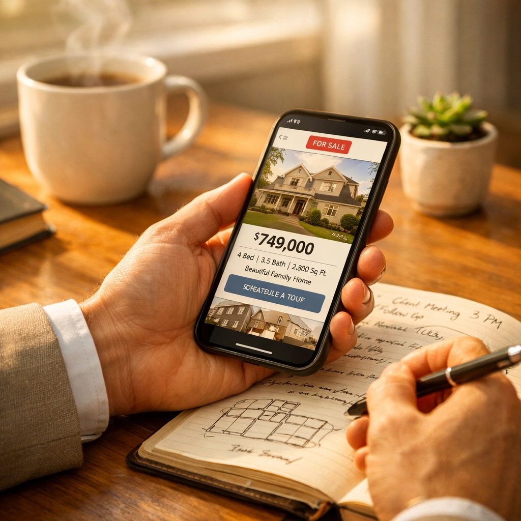 Real estate agent balancing digital property search tools with handwritten personal notes on desk Real estate agent balancing digital property search tools with handwritten personal notes on desk