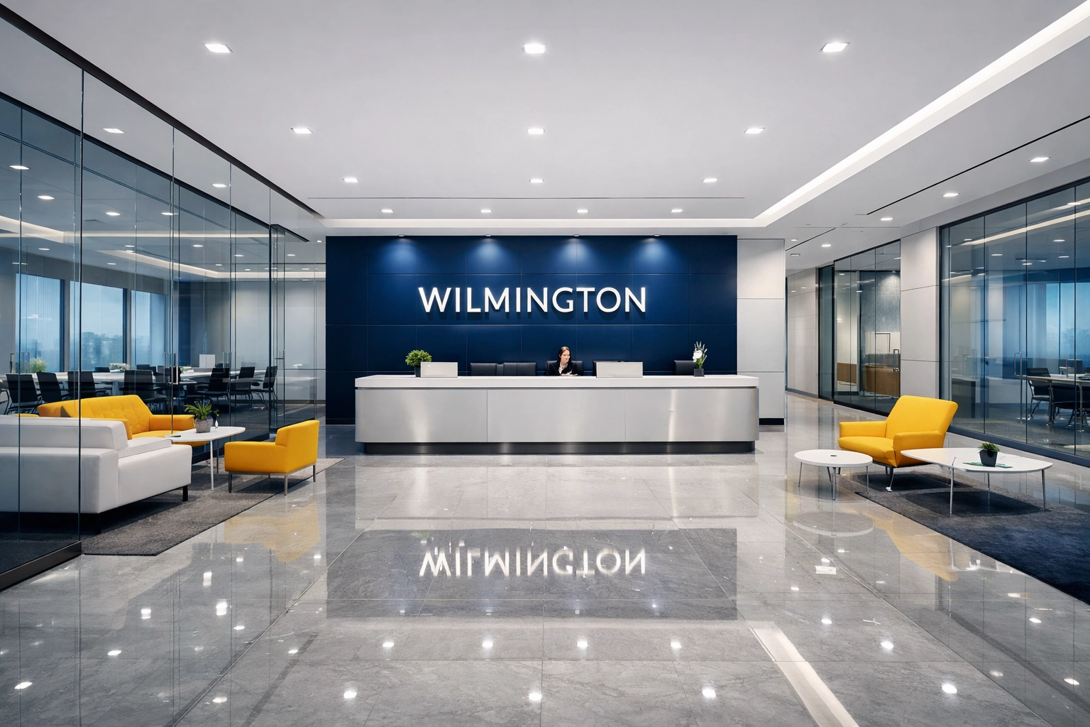 Pristine corporate lobby in Wilmington, MA after a professional commercial cleaning service.