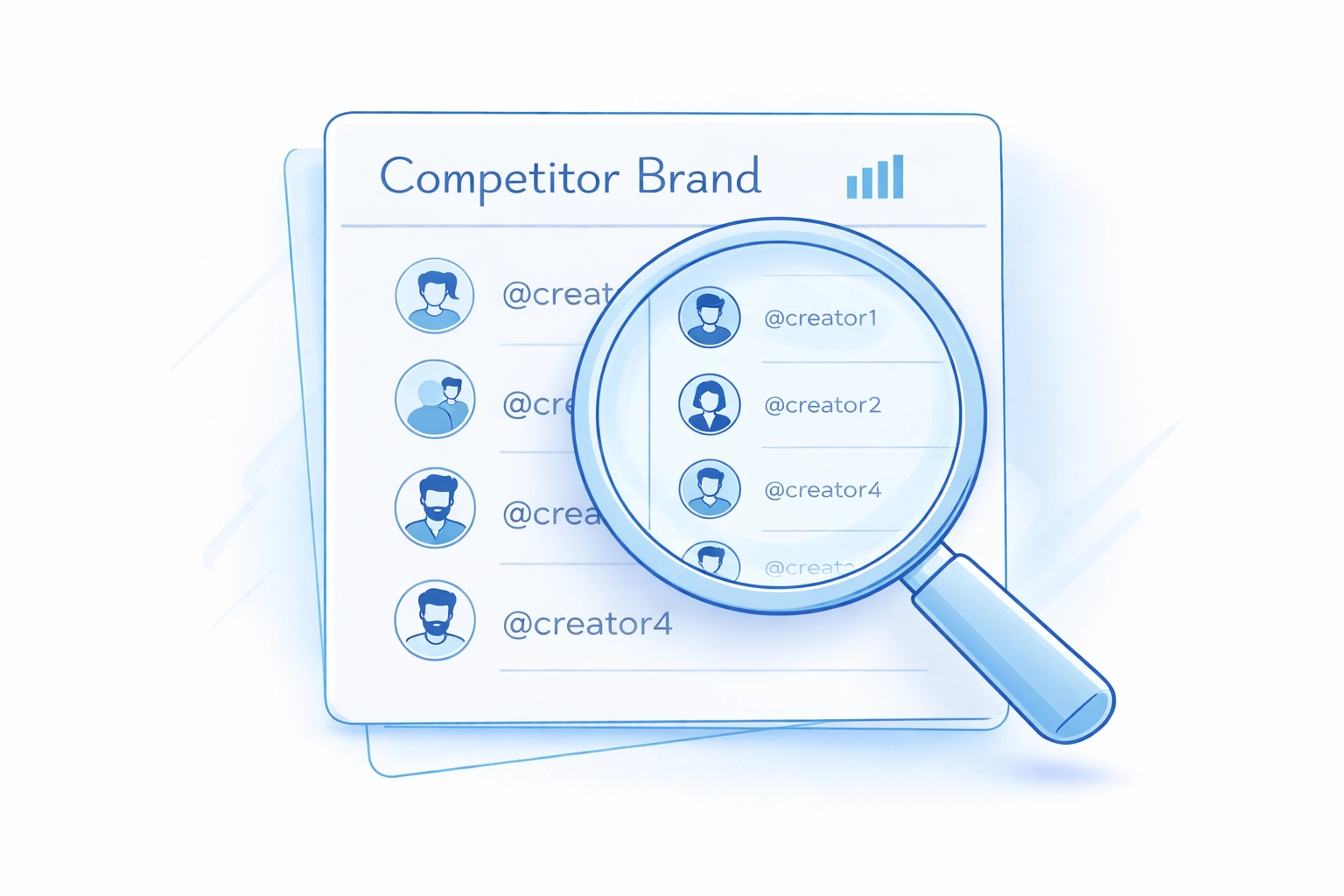 Napkin-style sketch: a search icon scanning a Competitor Brand and revealing a list of their creators.