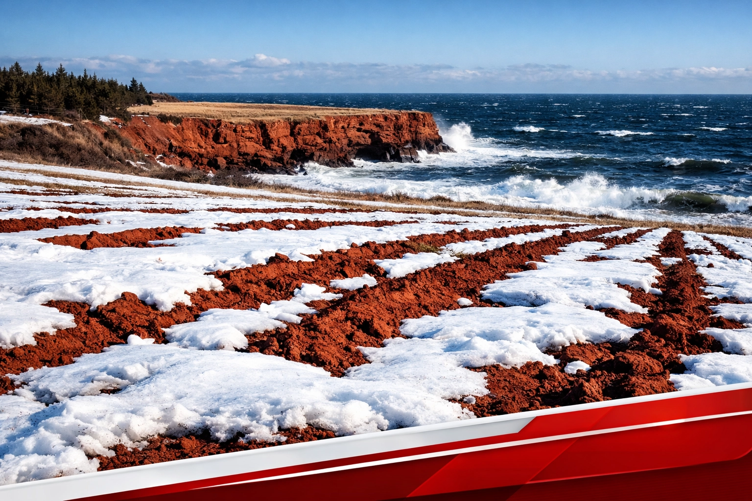 Red soil peeks through snow on a Prince Edward Island farm, highlighting early spring agricultural challenges.