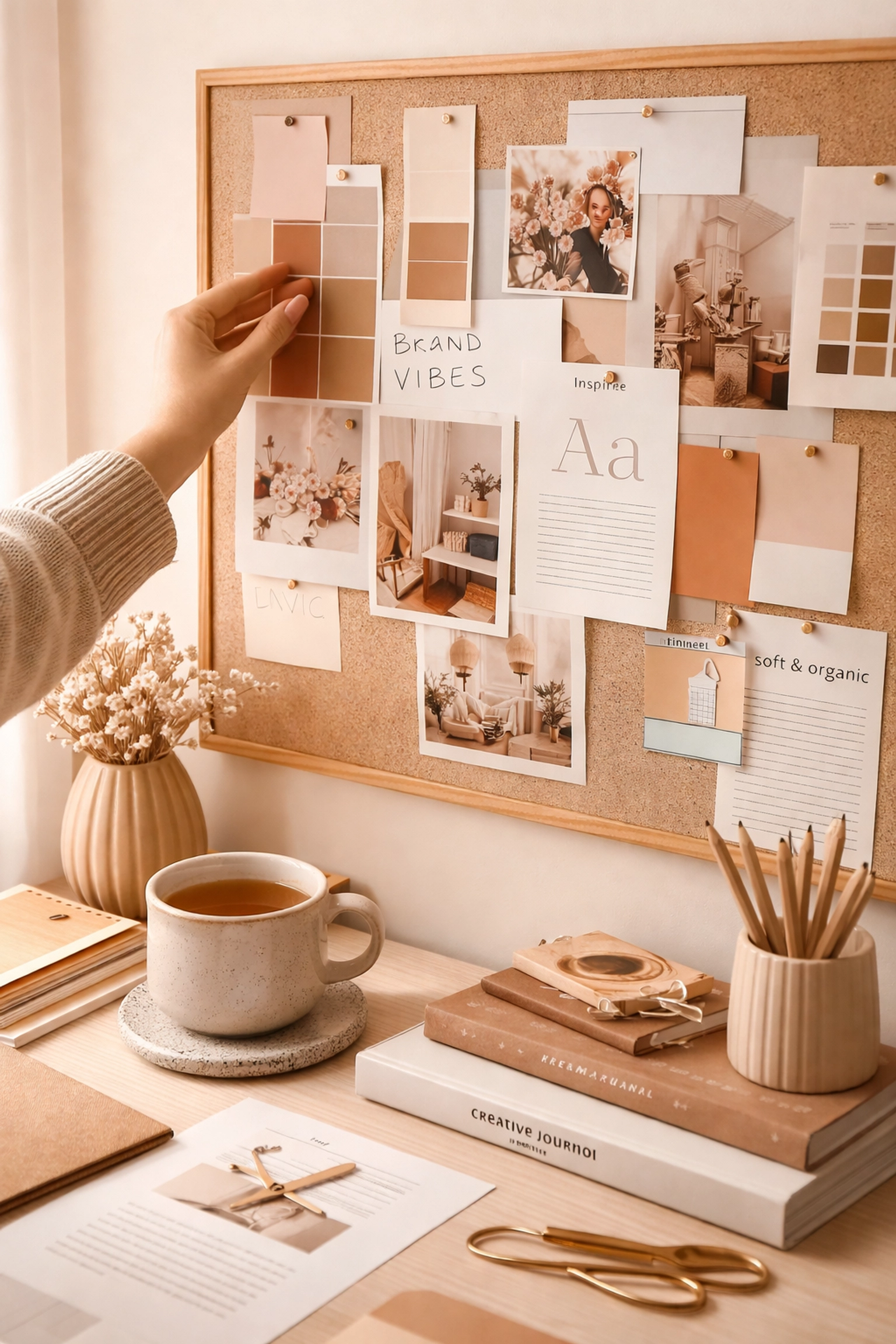 Creative workspace with mood board shows branding strategy and planning for marketing success