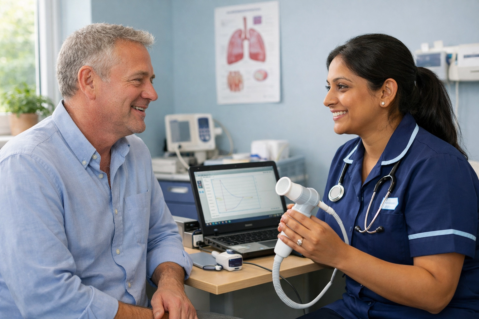 Respiratory nurse conducting spirometry test in NHS community clinic