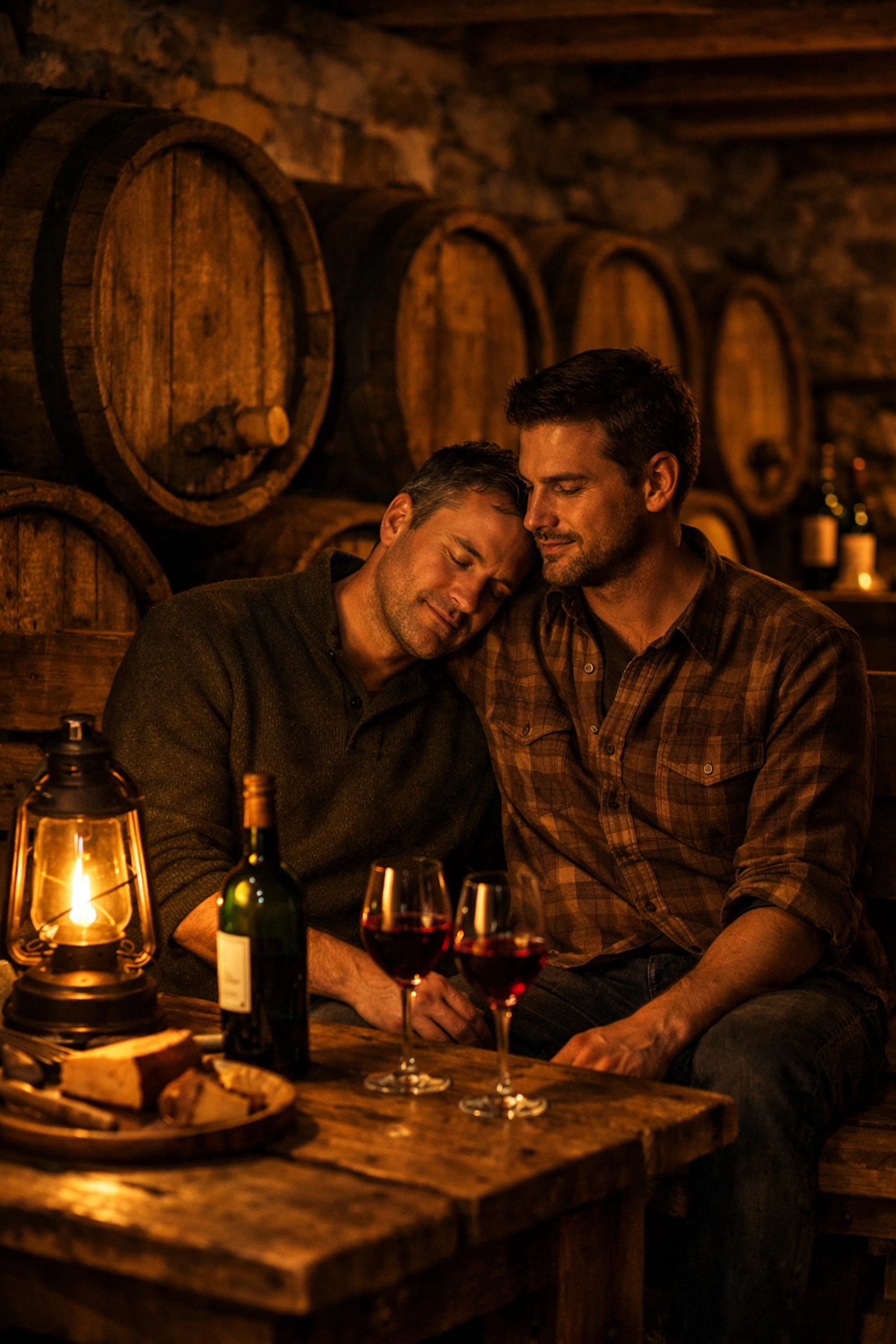Gay couple sharing intimate moment in traditional Swiss wine cellar