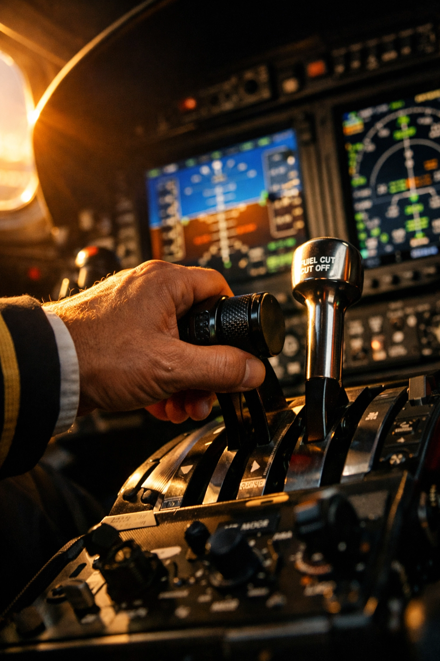 Pilot performing engine failure verification and throttle identification in a twin-engine cockpit.