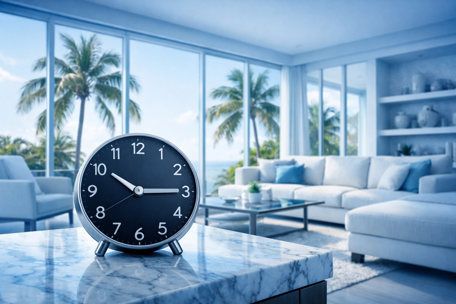 A modern Florida living room with a clock symbolizing the foreclosure timeline and the 30-day leverage point.