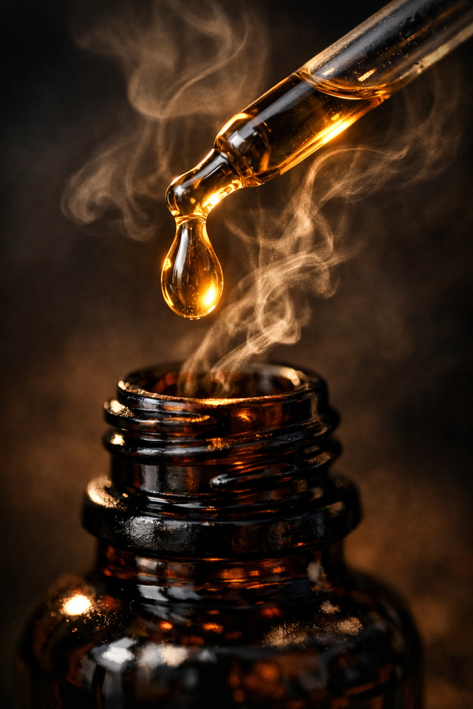 A golden drop of high-quality beard oil illustrating concentrated fragrance longevity and purity.