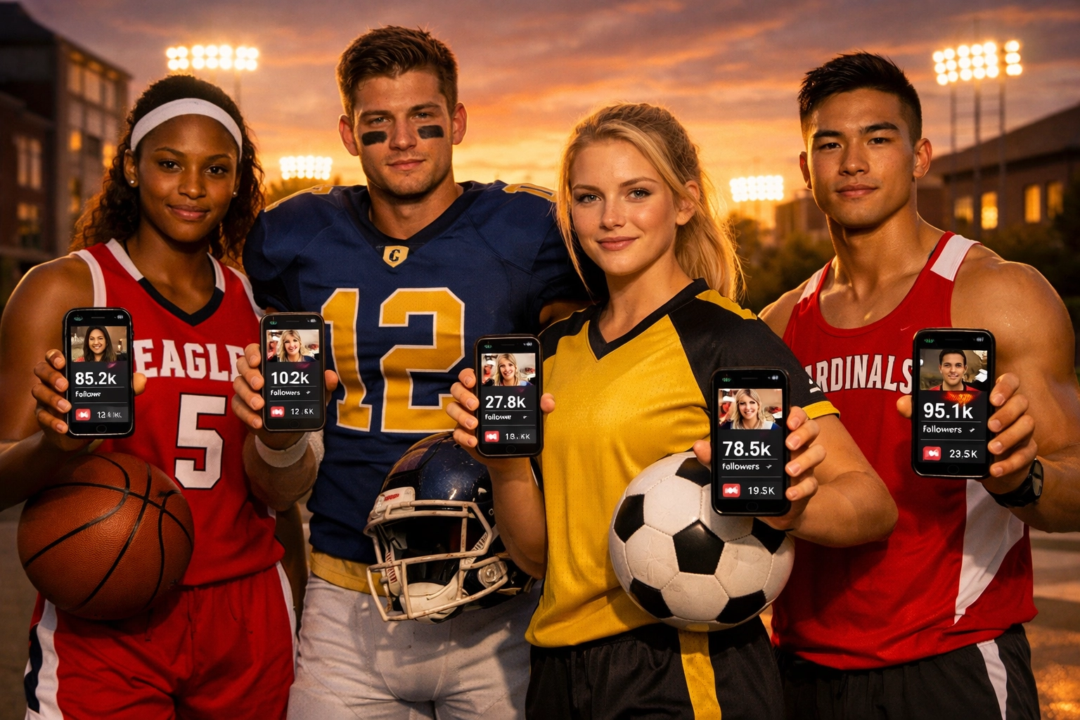 College athletes with smartphones showcasing NIL brand ambassador program engagement on campus