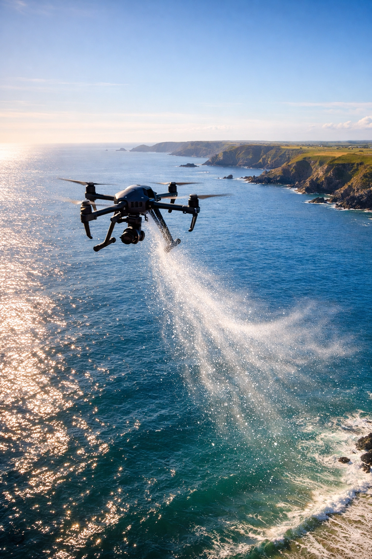 A professional drone scatters ashes over the turquoise waters of Kennack Sands for a peaceful aerial ceremony.