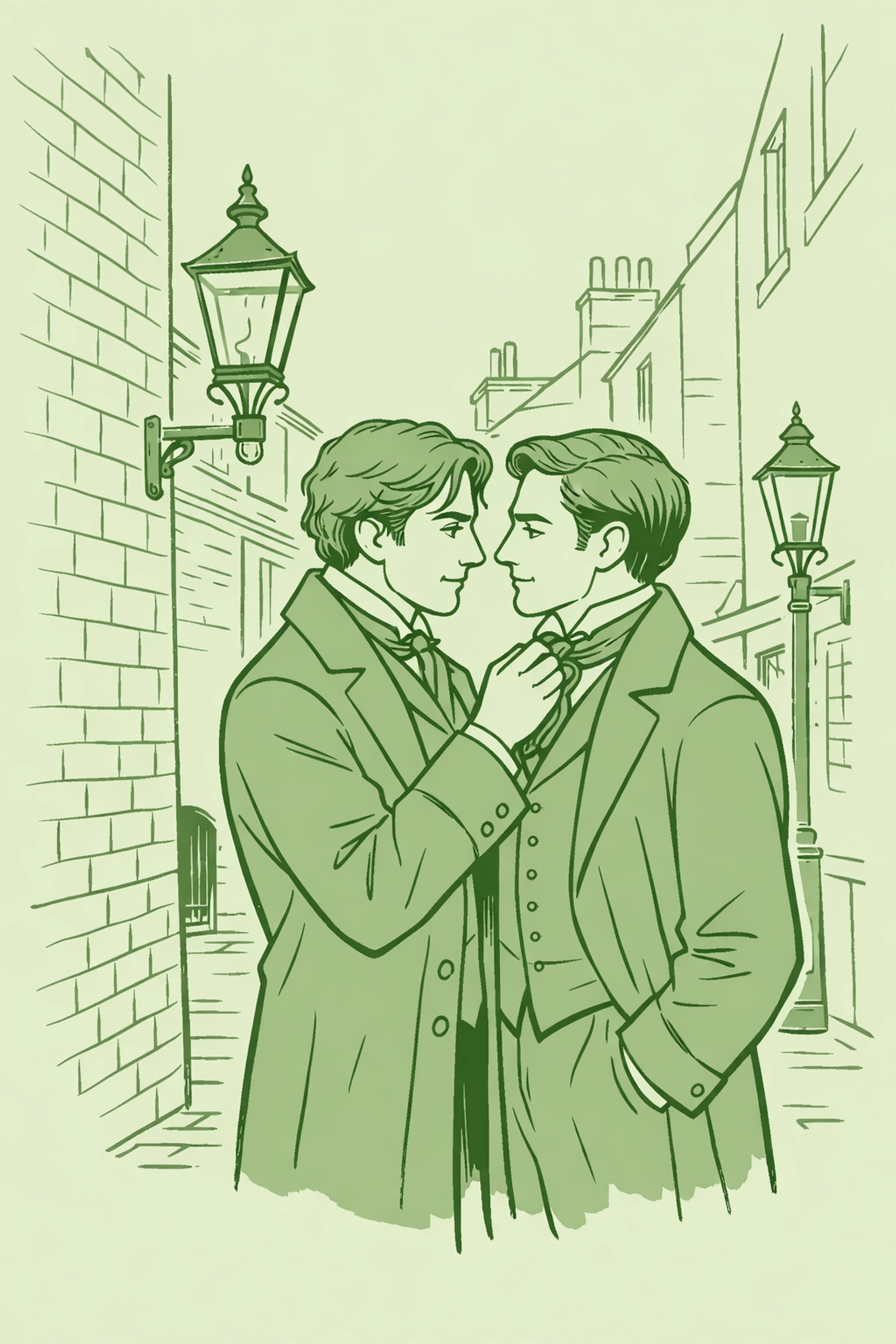Victorian gay historical romance illustration of two men in a London alleyway, reflecting Soho's queer history.