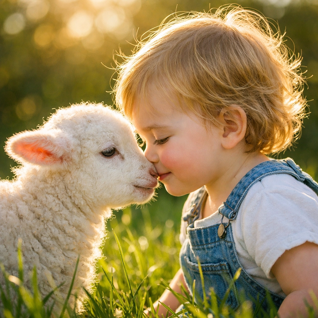 A toddler meeting a baby lamb in a meadow, a fun family travel activity for capturing candid vacation photos.